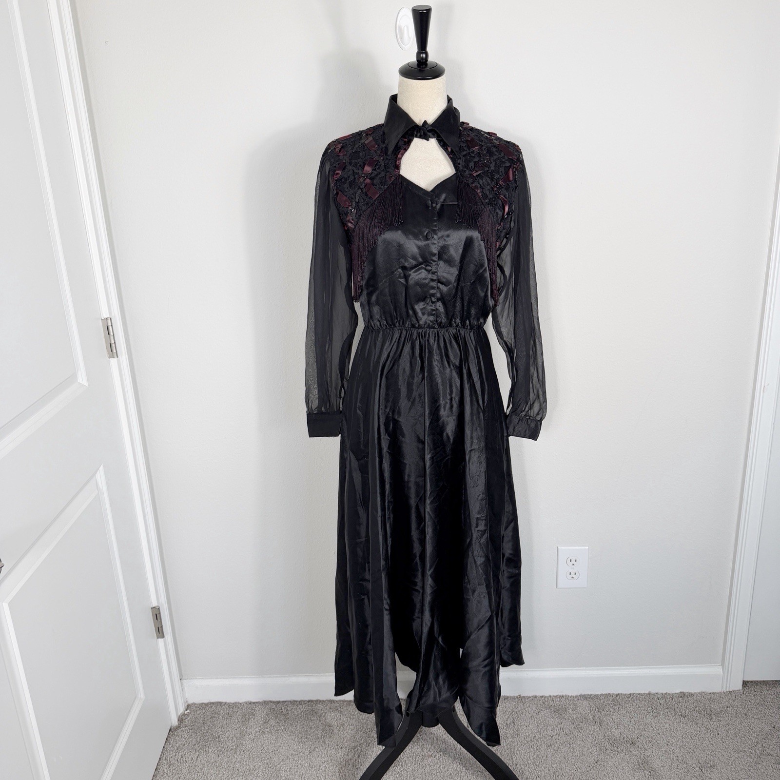 Vintage Lilia Smitty Western Sequin Lace Black Fringe Goth Satin Dress Sz 3/4