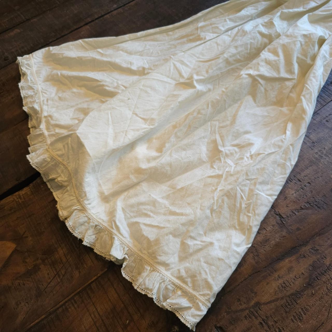 Antique Chemise Cream Lace Trim Slip Midi Dress w/ Ruffled Sleeves Edwardian