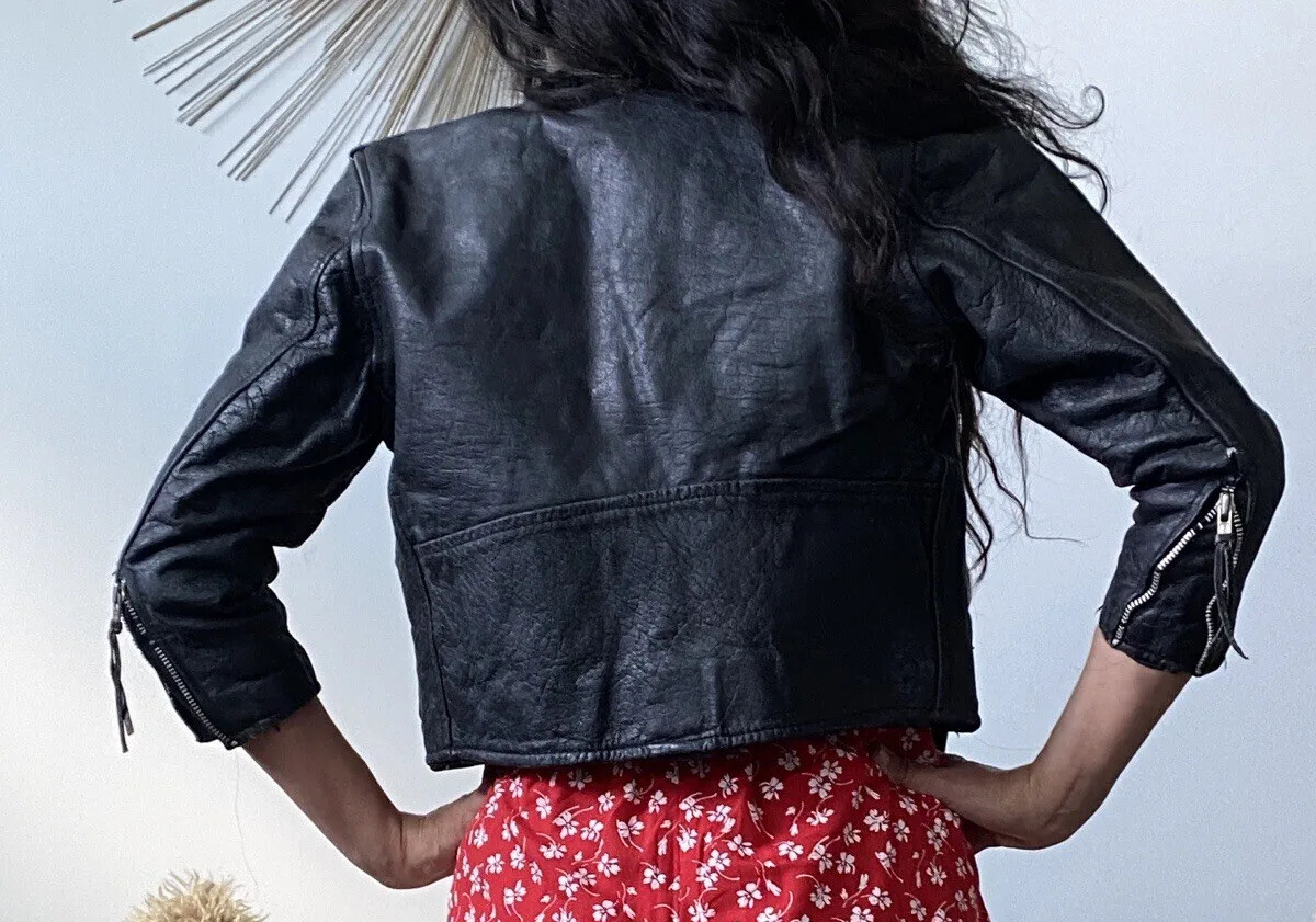 Vintage Jacket Black REAL Leather Motorcycle Womens Sz XS Kids Size Cropped 0 2