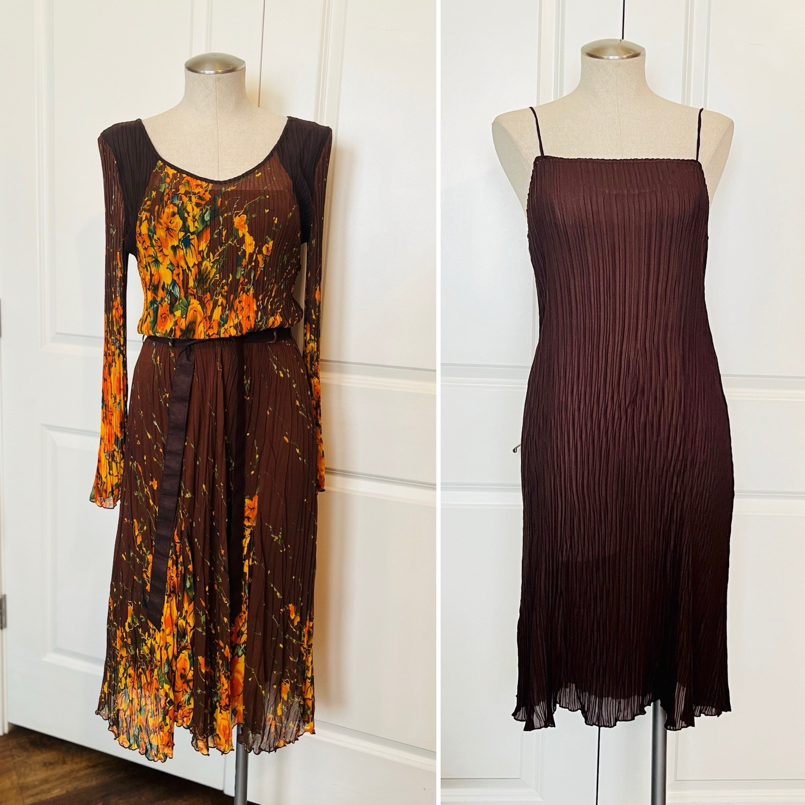 Lindi Vintage 70s Accordion Pleat Dress w/Slip Size L Long Sleeve Fit & Flare