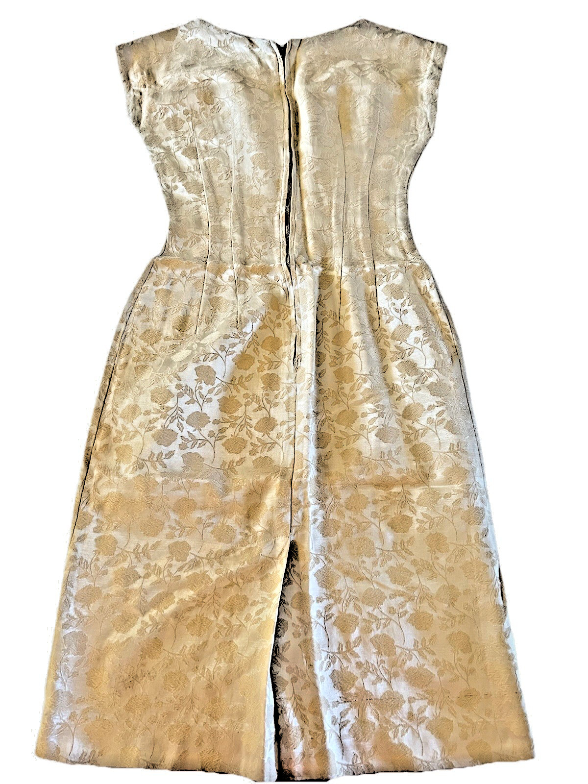 VTG 50s 2 Pc Fur Collar Crop Jacket & Ivory Damask Pencil Dress Suit Set Small**