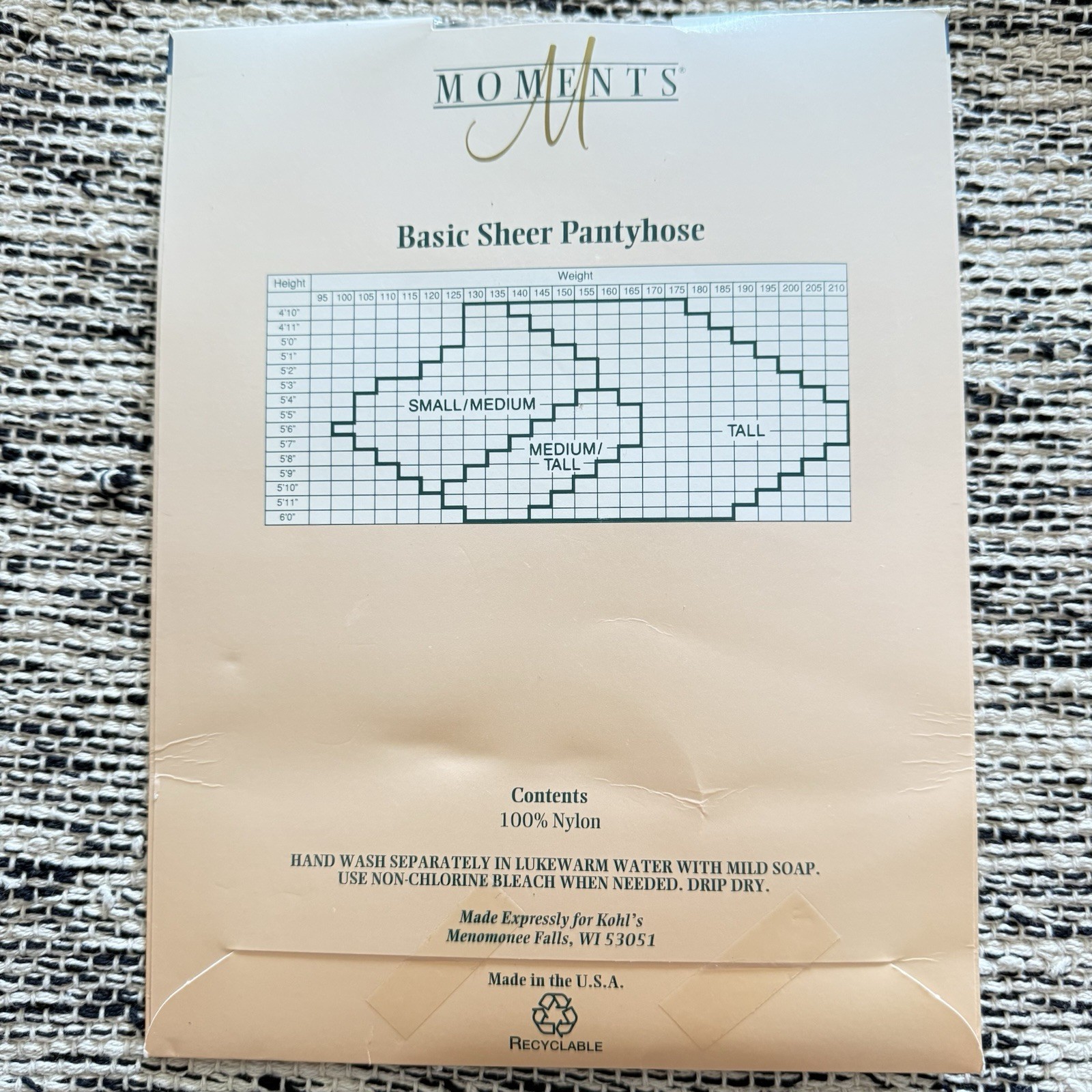MOMENTS Basic Sheer Reinforced Toe Pantyhose Medium Tall Beige USA NOS