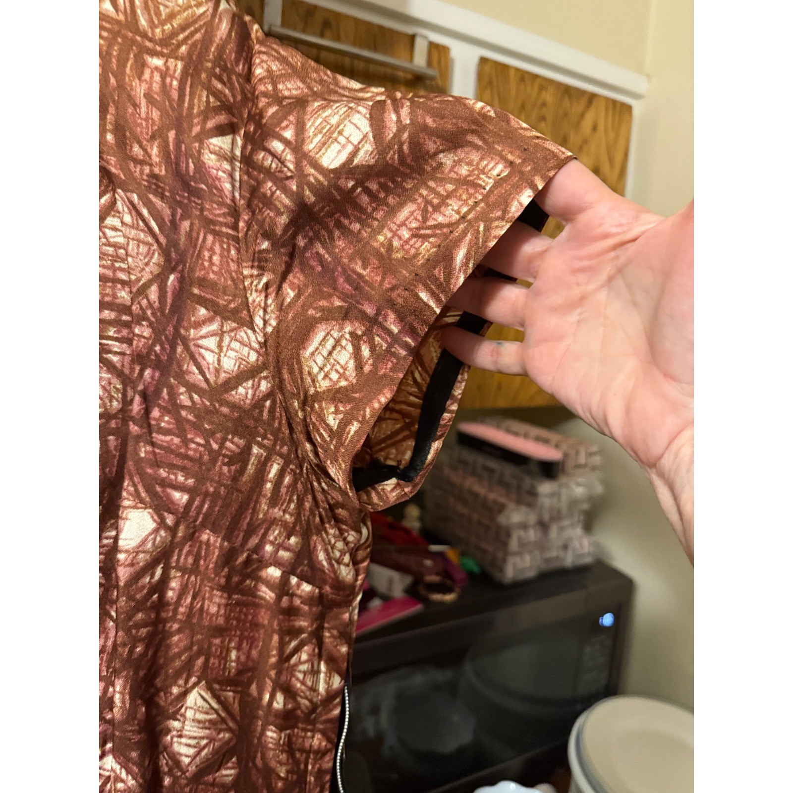 Vintage 50s 60s Abstract Print Dress & Jacket Set Copper Brown MCM Sheath Belted