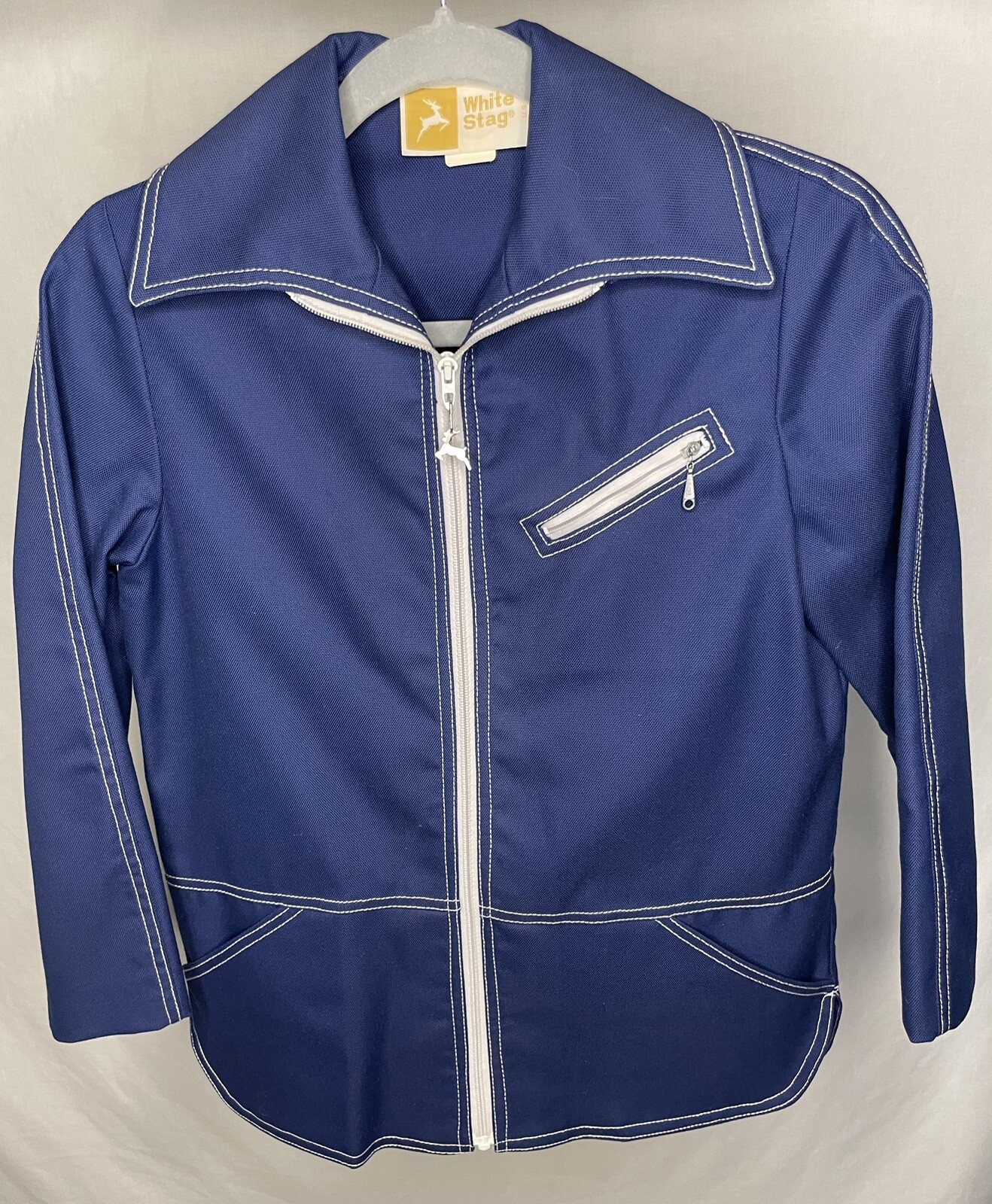 Vintage White Stag Coat, Navy, Size 8, Unused, Pockets, Logo Zipper Pull