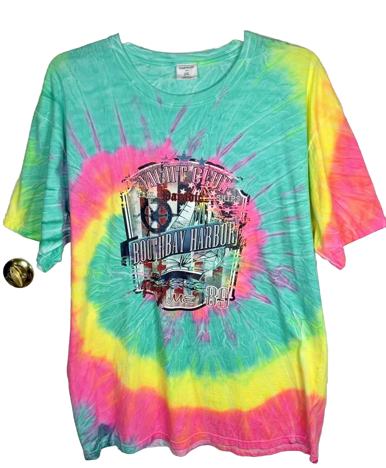 Vintage Boothbay Harbor Maine T-Shirt Sz 2XL Graphic Tie Dye Colorful Cotton USA