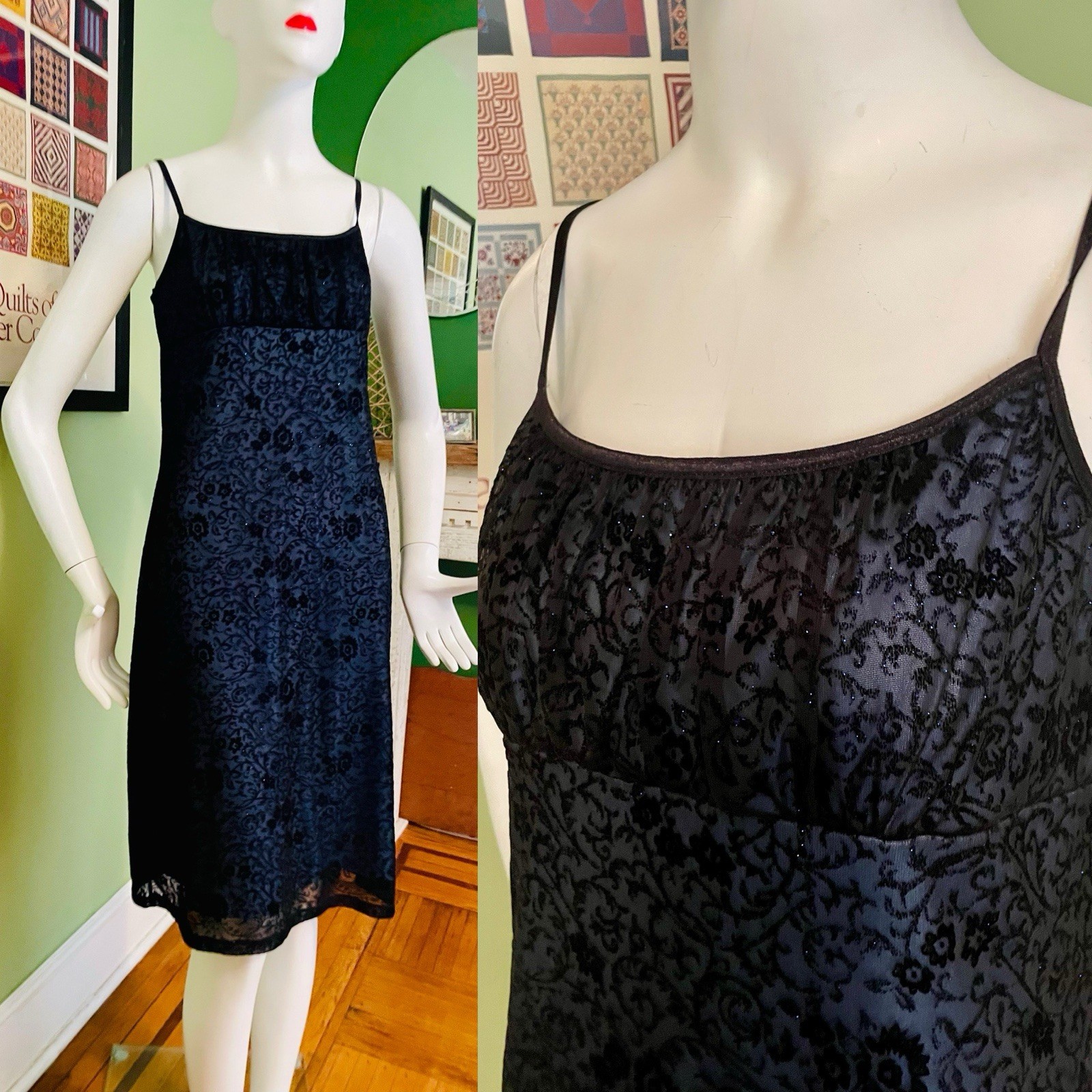 Vtg 90s Y2K BYER TOO Sheer Blk Floral Netting Whimsygot Maxi Dress 38 M prom