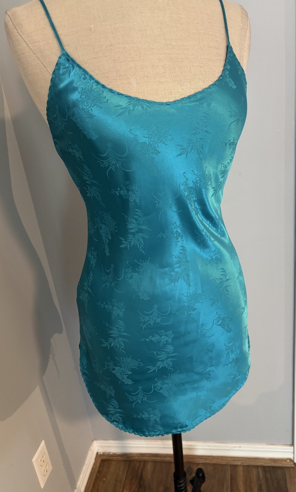 Vintage 80s Turquoise Blue Satin Slip Mini Dress Asian Brocade Boho Glam Doll M