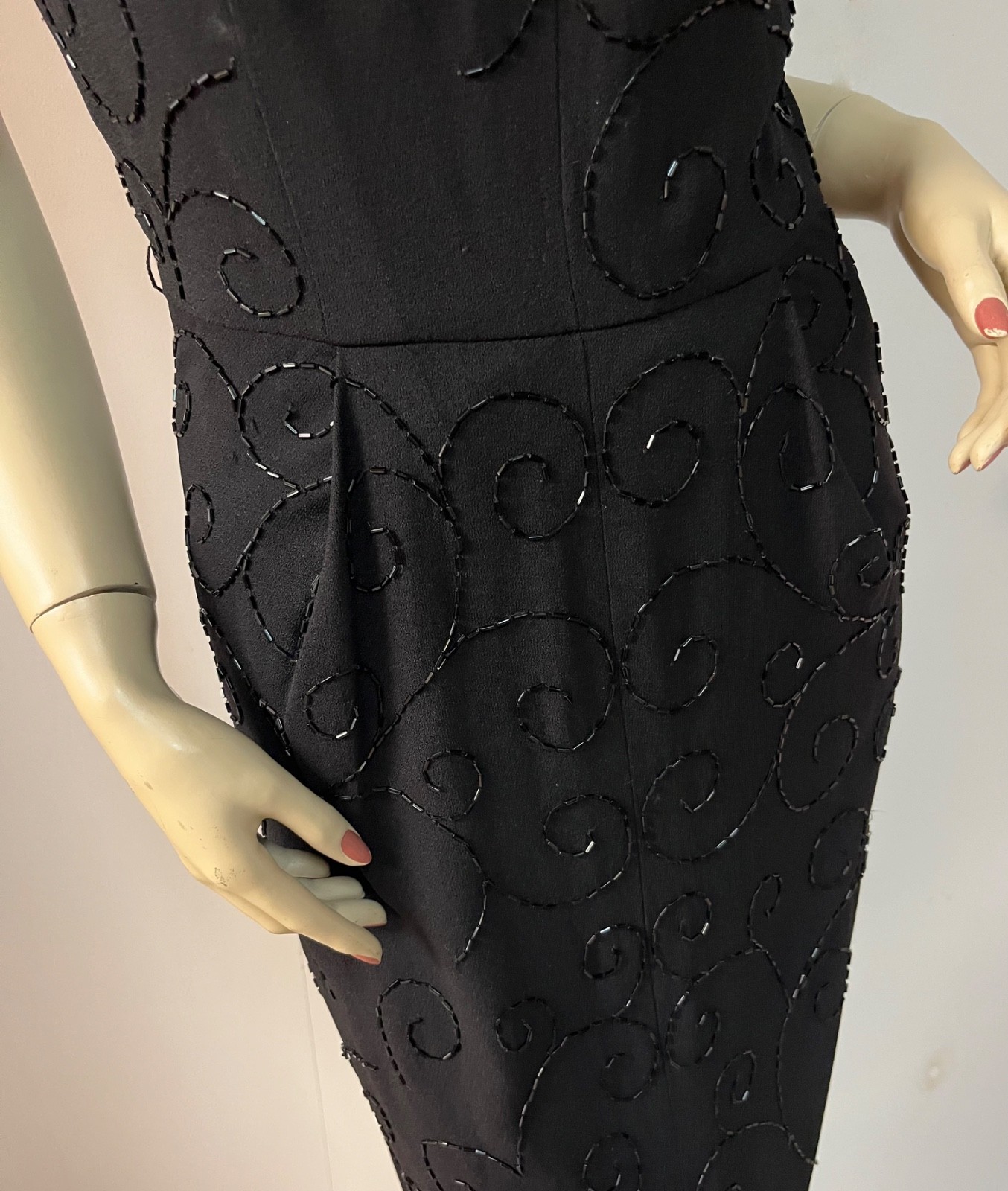 Vintage 1950s Cuffed Cleavage Black Beaded Side Zipper Cocktail Dress Bust 34