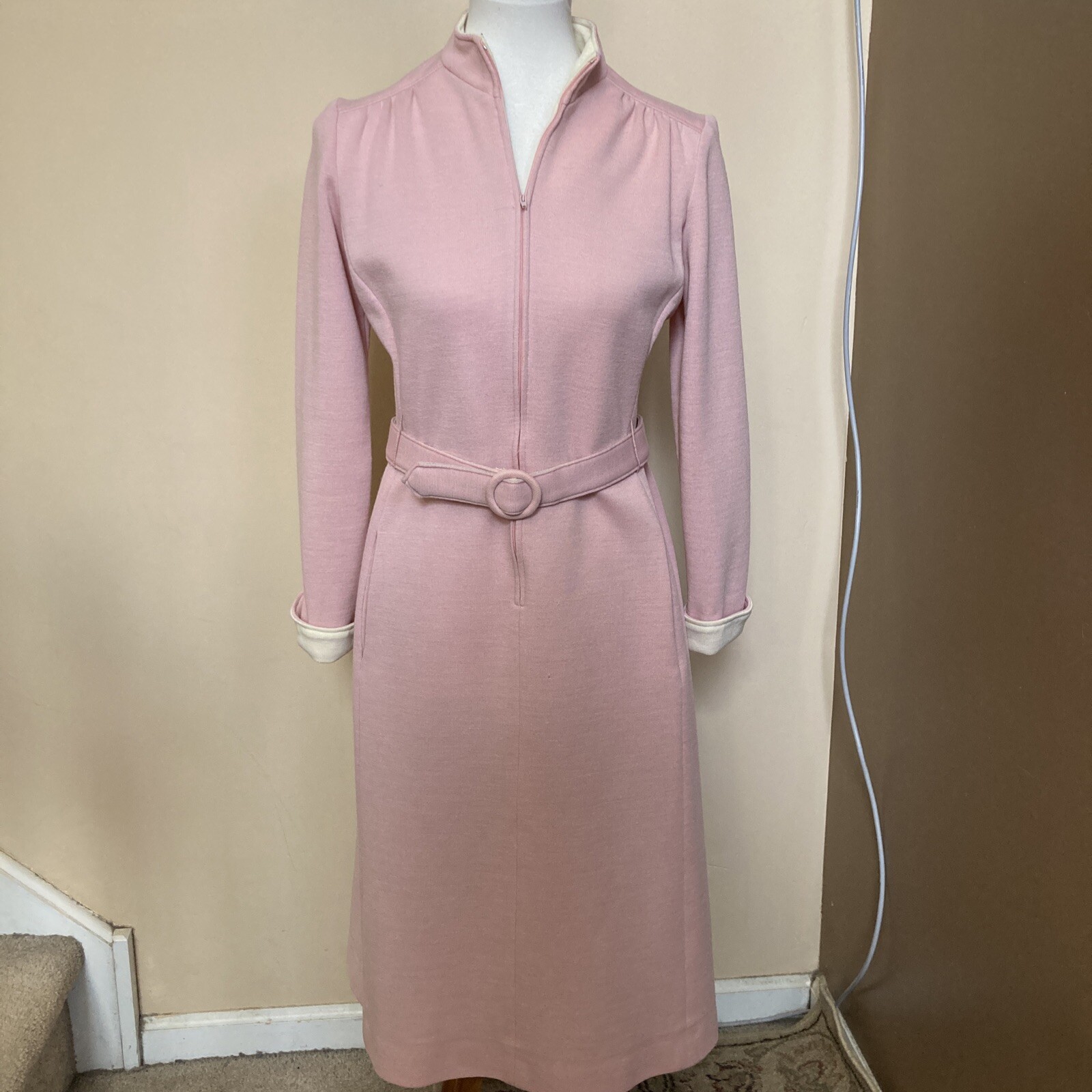 Vintage Pink Zip Mock Neck Belted Dress Matti Of Lynne Double Knit Size 6