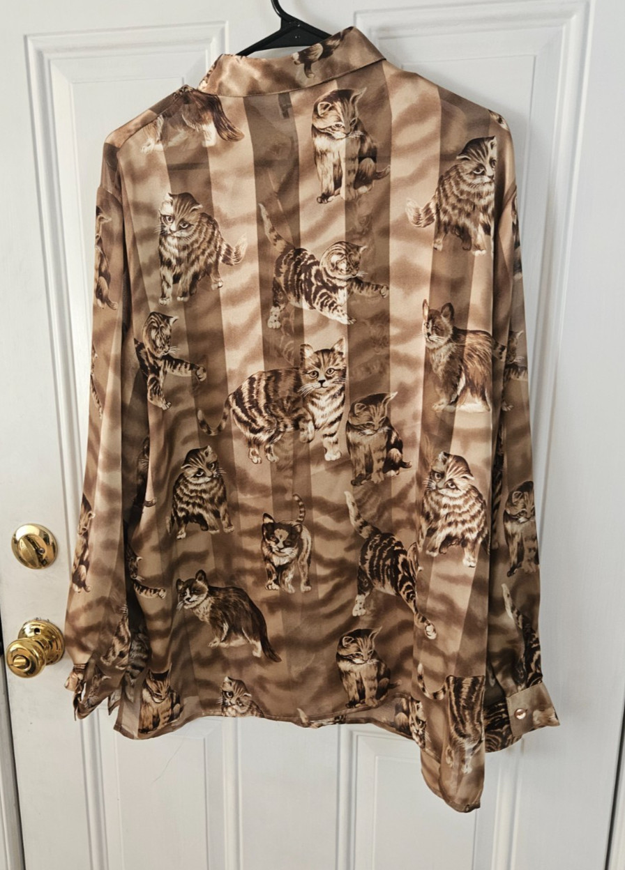 Vintage Bonworth Shear Polyester Cat Print Long Sleeve Button Down sz XL