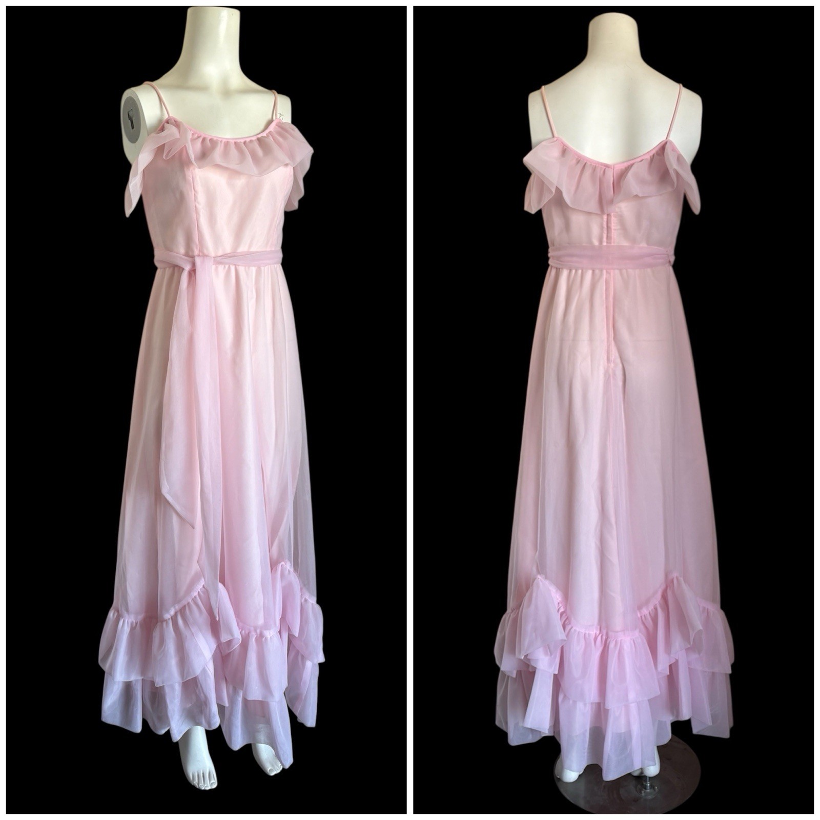 Vintage 1970&rsquo;s Light Pink Chiffon Ruffle Floor Length Gown S-M Prom Formal