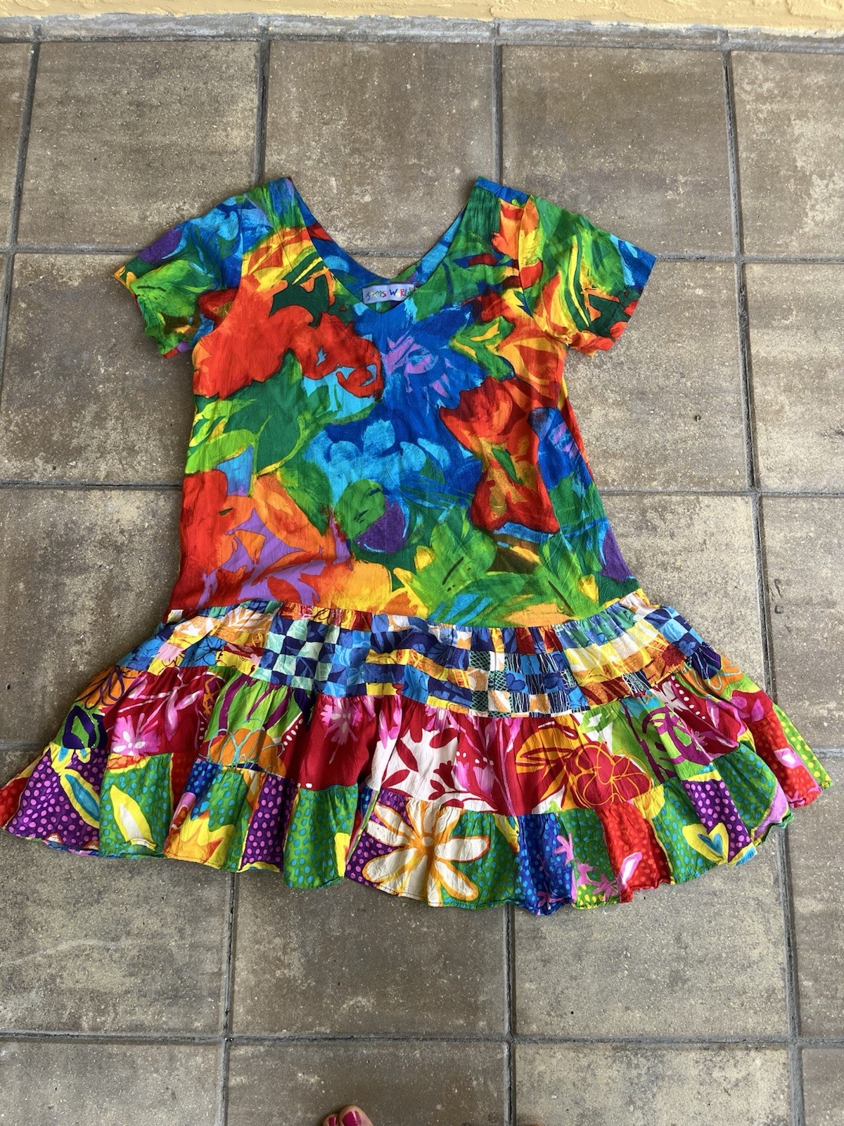 1990s Jams World Dress – Hattie- Ruffled – COLORFUL SZ S/M – Made in Hawaii