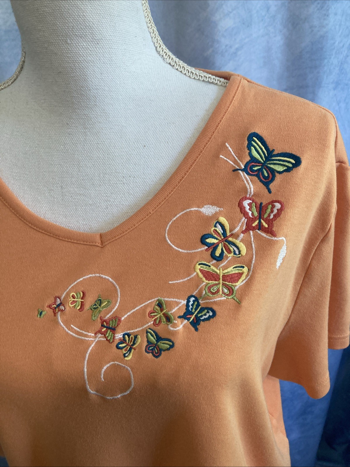 VTG 90s Y2K Breckenridge Grannycore Butterfly Embroidered Top XL Peach Orange