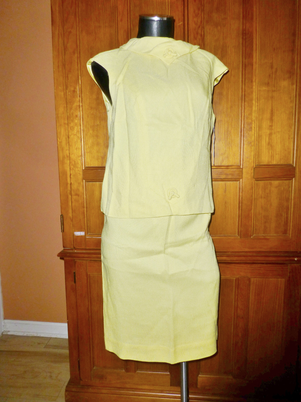 NOS Vtg 60s ROSECREST MOD Linen Yellow 2pc DRESS Pencil SKIRT Blouse Top SET