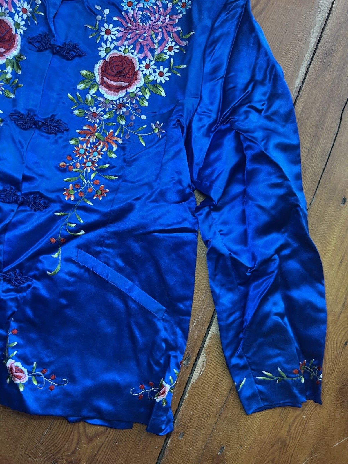 Vintage Plum Blossoms Blue Silk Jacket Chinese Heavily Embroidered Size 38