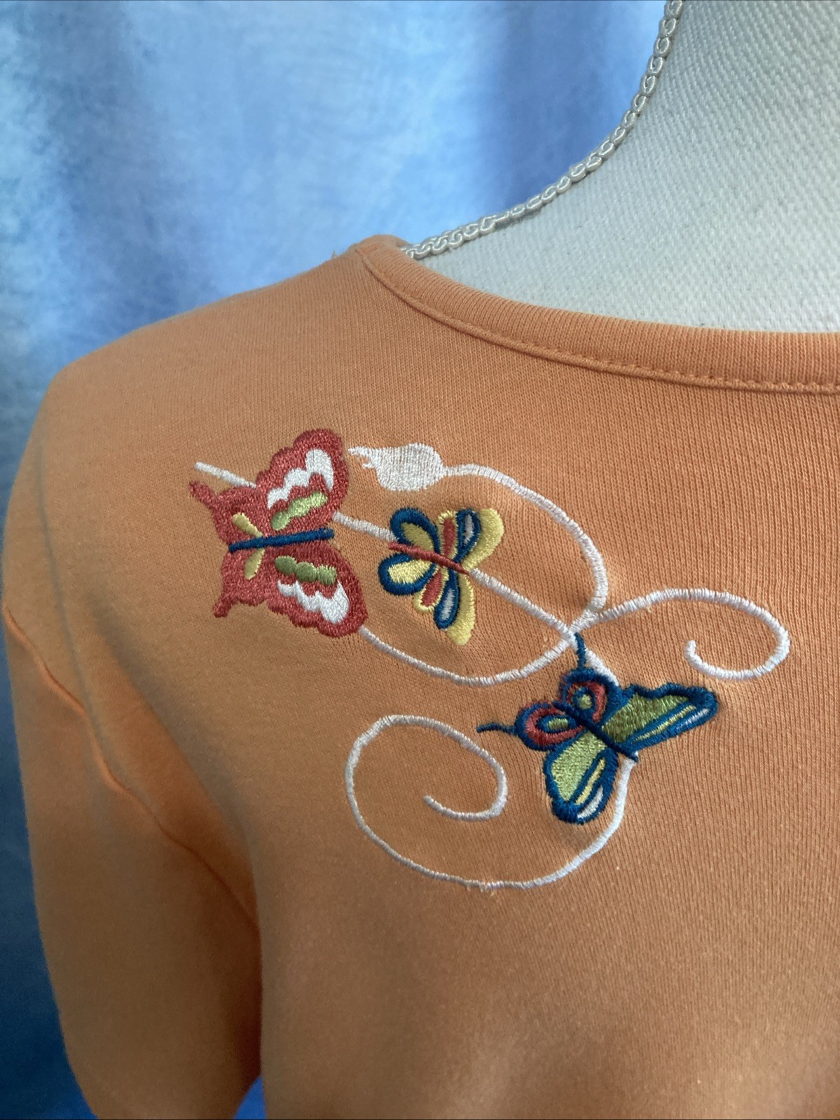 VTG 90s Y2K Breckenridge Grannycore Butterfly Embroidered Top XL Peach Orange