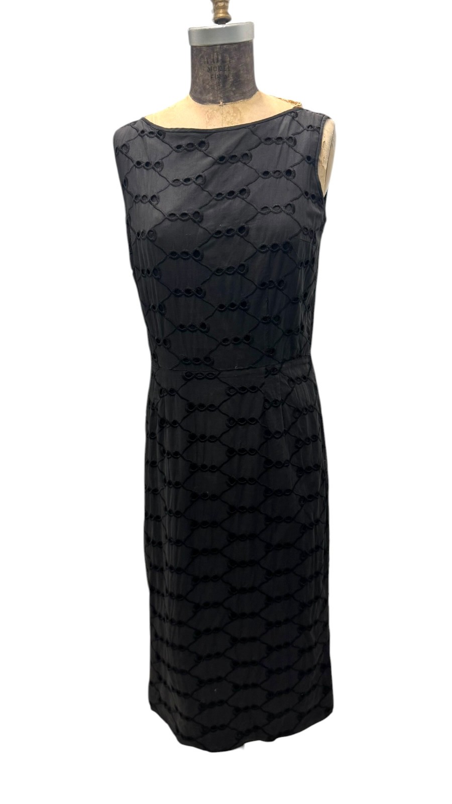 Vintage 1950&rsquo;s Jerry Gilden Black Fitted Dress With Eyelet Overlay Sm-Md