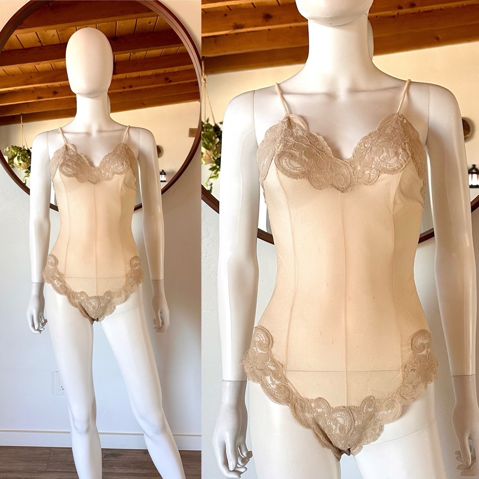 Vintage 50&rsquo;s Lady Lynne Sheer Tan Beige Lingerie Nylon Bodysuit Tag Size P XS/S