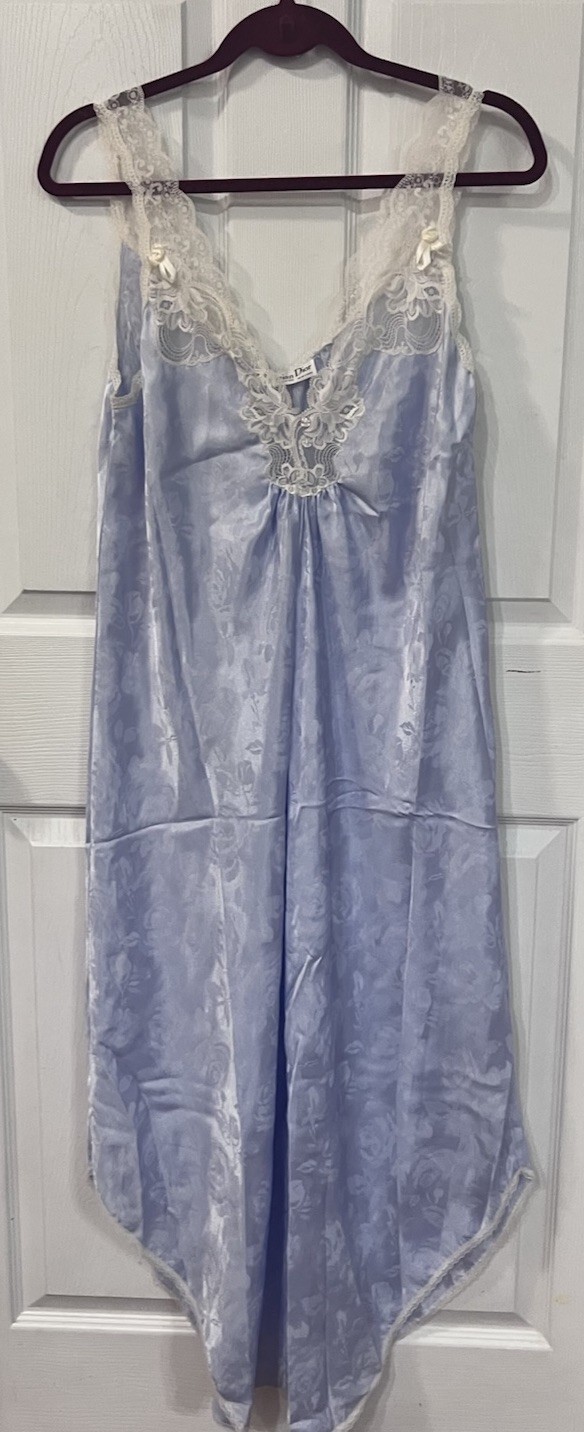 Christian Dior Lingerie Gown Dress Blue Jacquard Lace Trim Sleeveless USA Large
