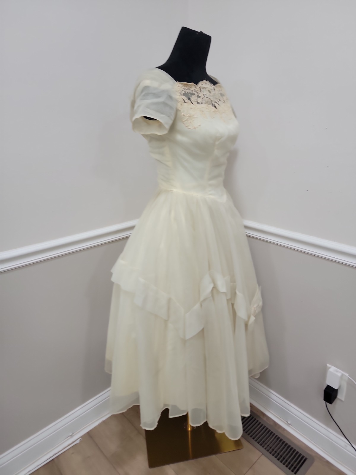Vtg 50s Wedding Dress Ivory Organza Full Skirt Cocktail Scarf pinup Bridal/As Is