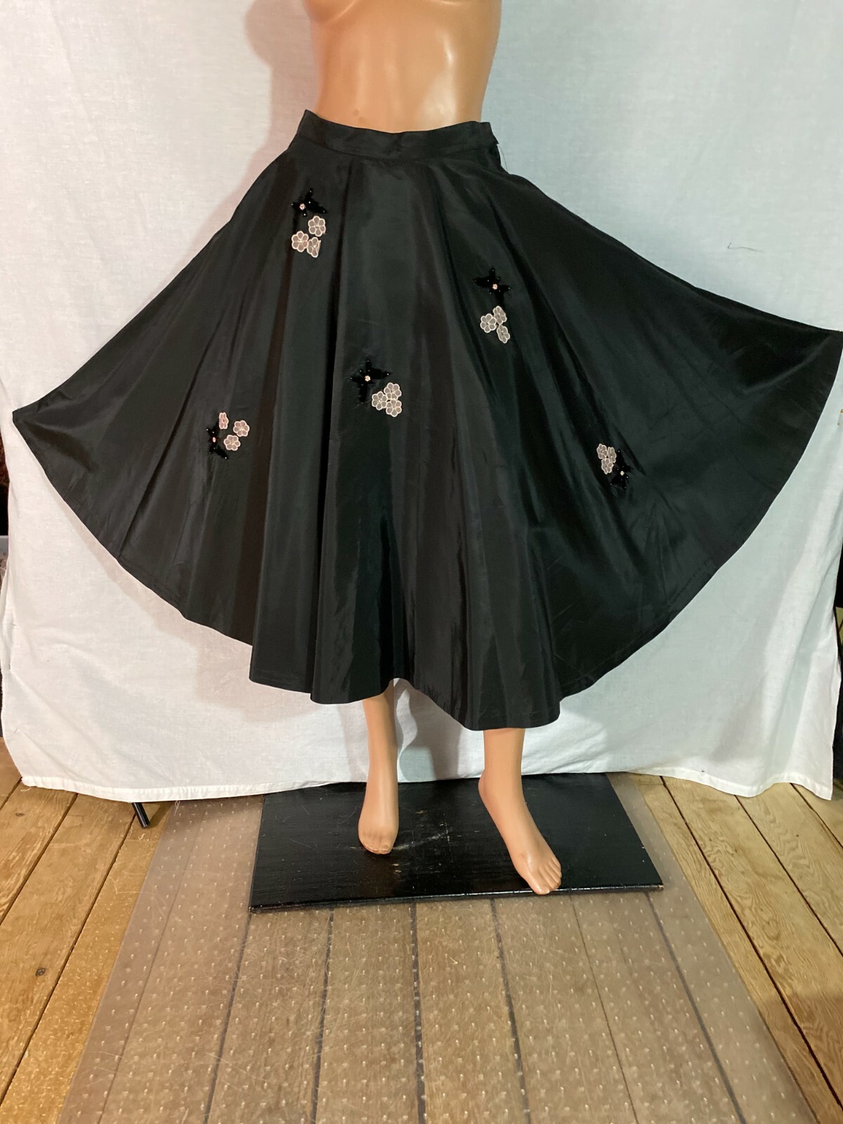 VTG 50s Jeans CA Black Faille Skirt Full Circle Flowers Butterfly Rhinestones S