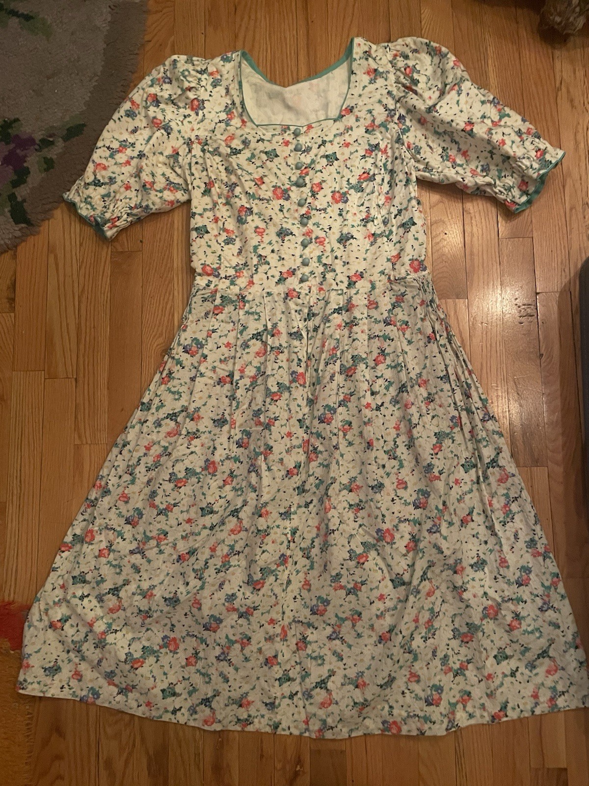 Vintage Floral Square Neck Balloon Short Sleeve Midi Homemade Day Dress S/M