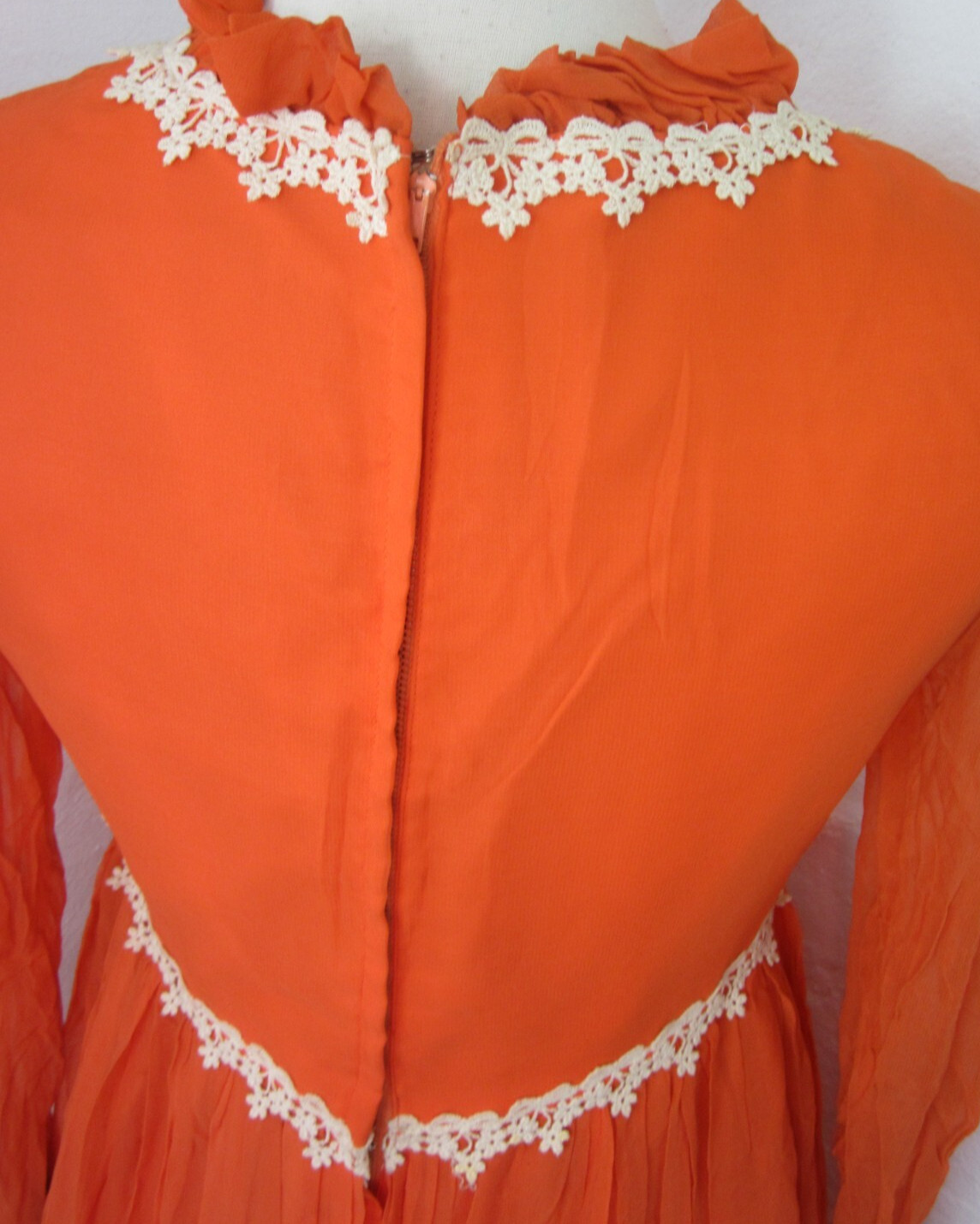 Vintage 60s70s Maxi DRESS Chiffon Overlay Lace Trim Orange Empire Waist Size 9