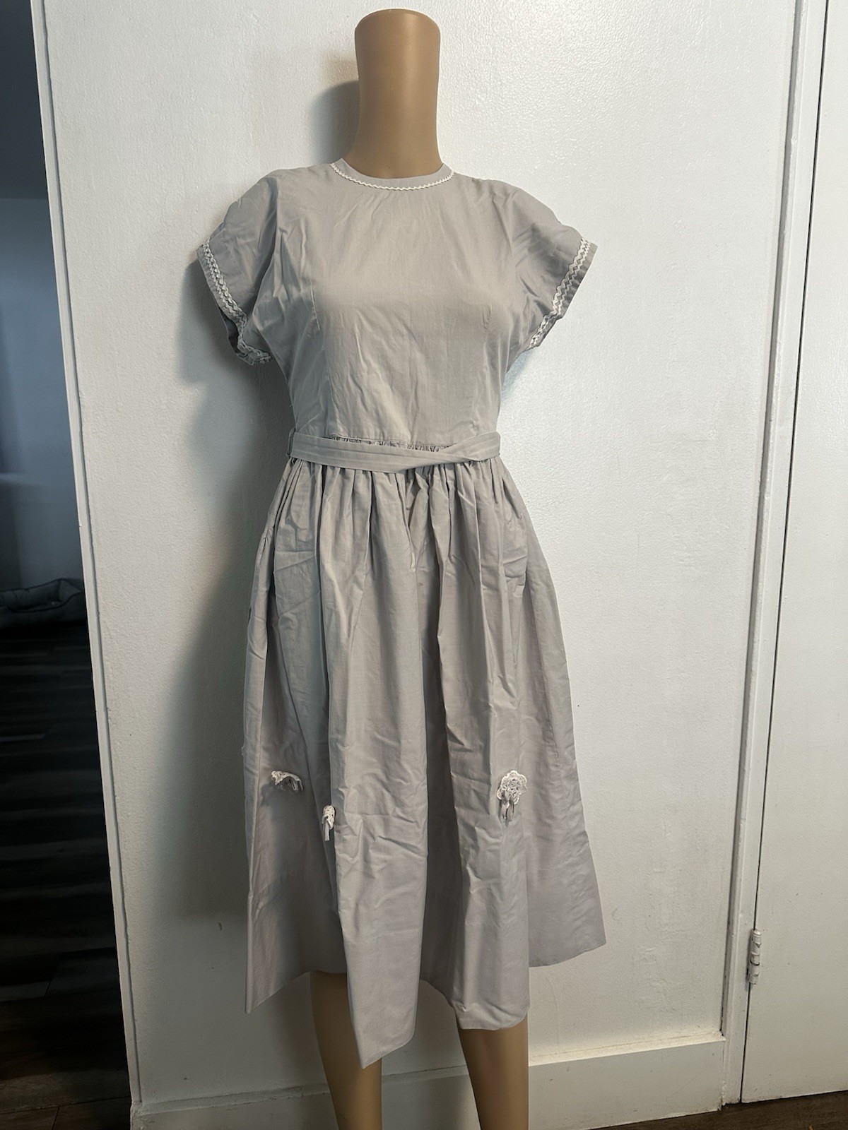PRISTINE Vtg 1950s JUNIOR THEME Blue Moire Taffeta Dress & Bolero Set Beaded XS