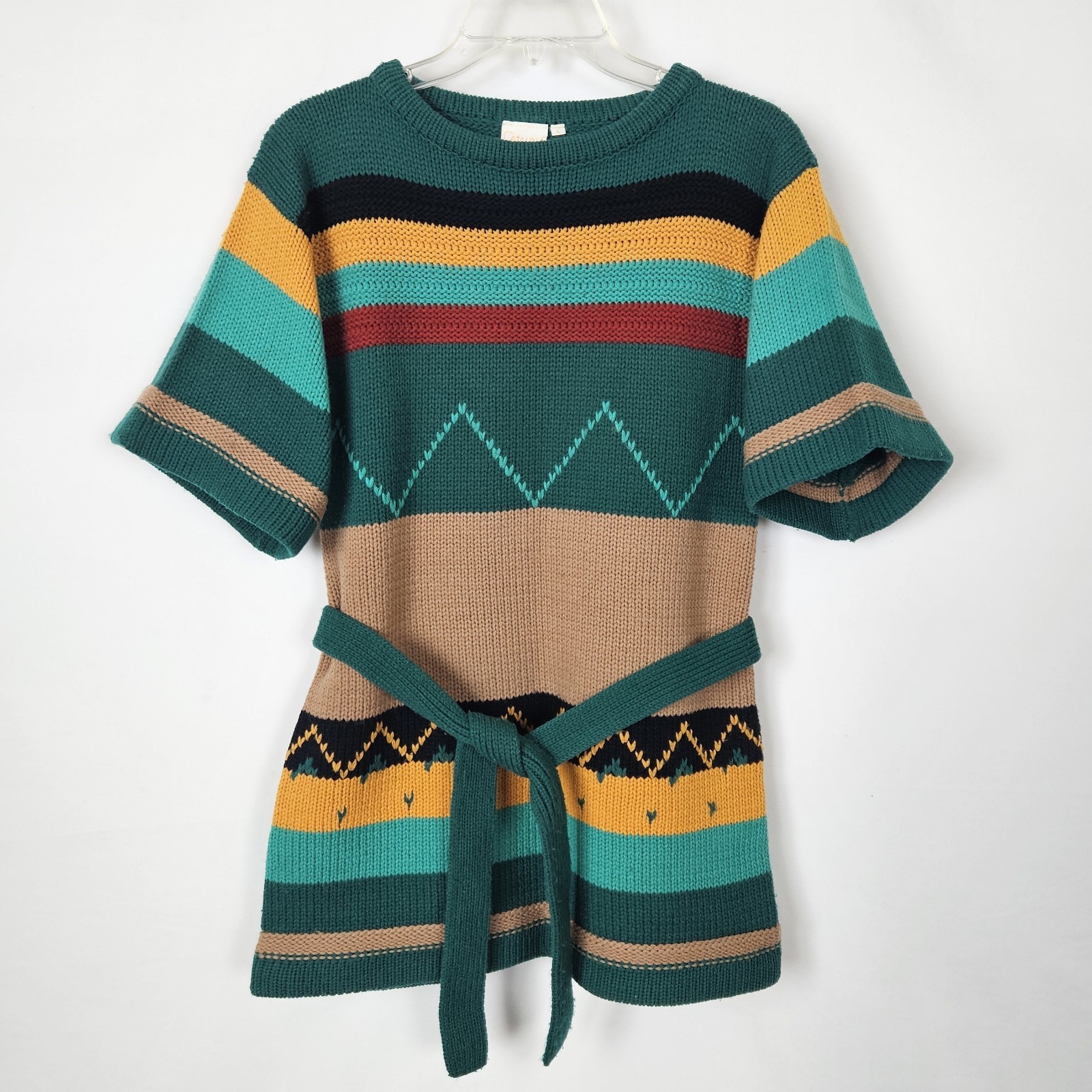 Vtg 1970s Catalina Knit Short Sleeve Sweater Large Belted Aztec Colorful