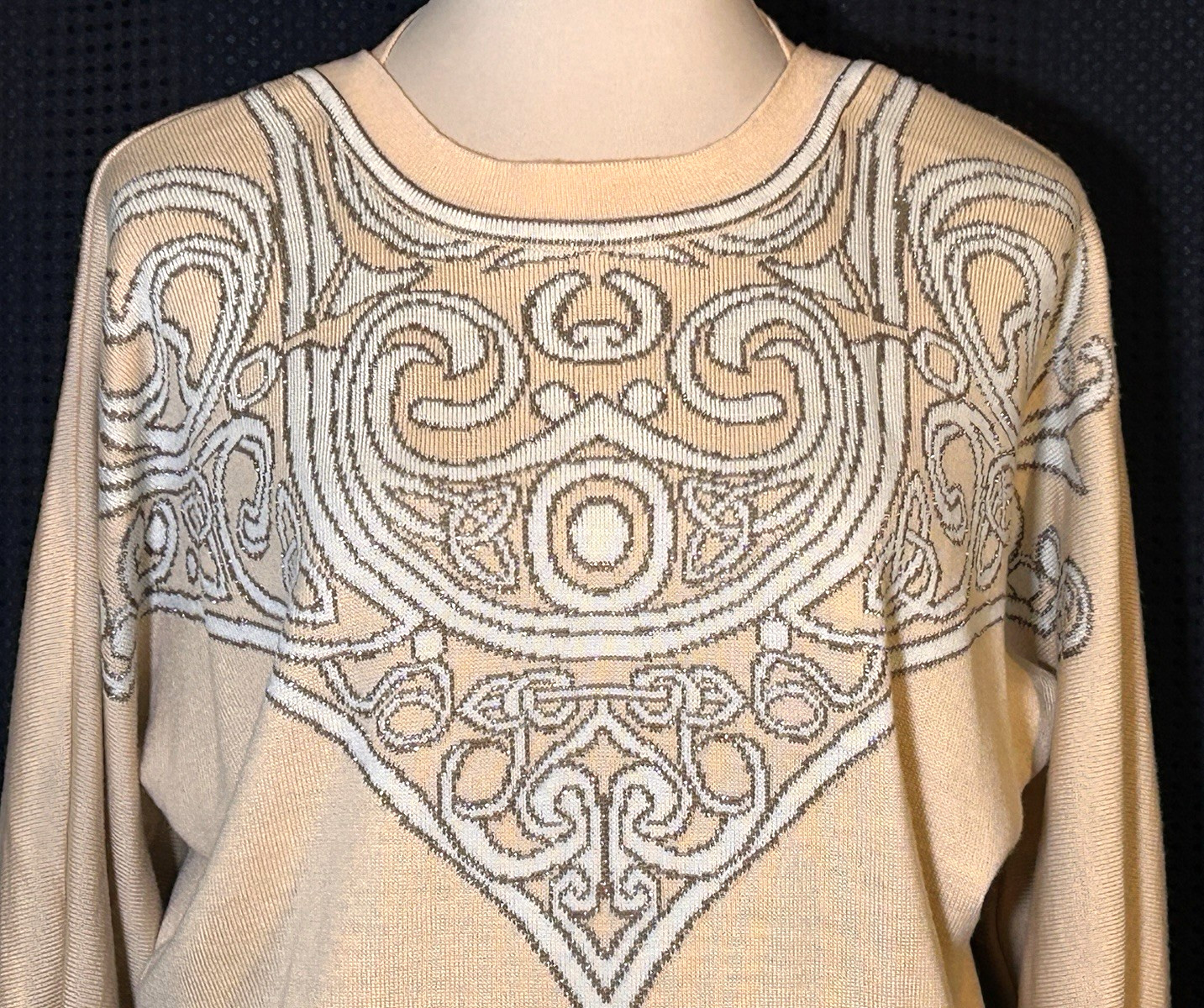 Vintage Escada Laurel Light Peach Geometric Metallic Thread Sweater Womens M