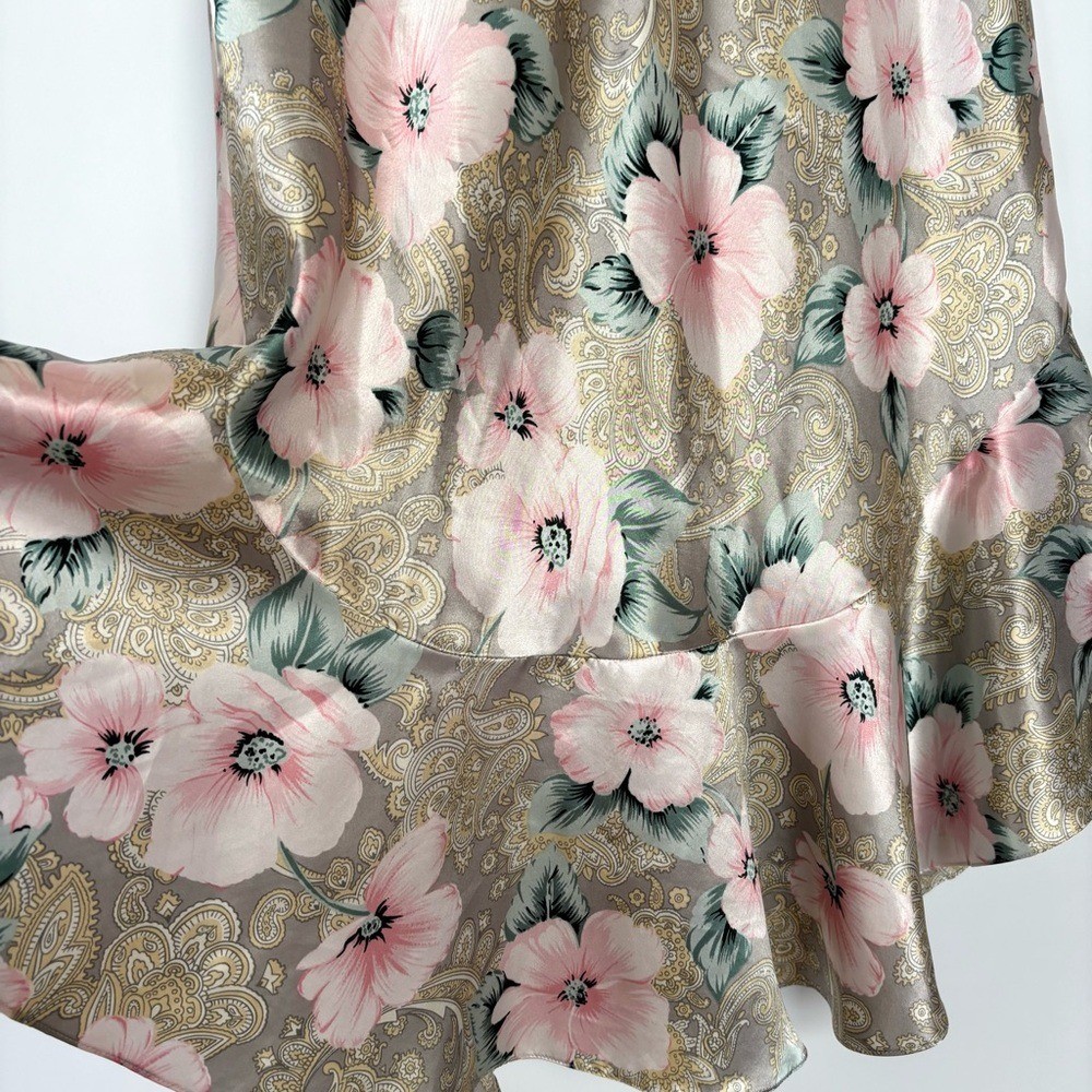 Vintage Satin Chemise Slip Dress 80&rsquo;s Coquette Ruffle Floral Pinup Girl Glam
