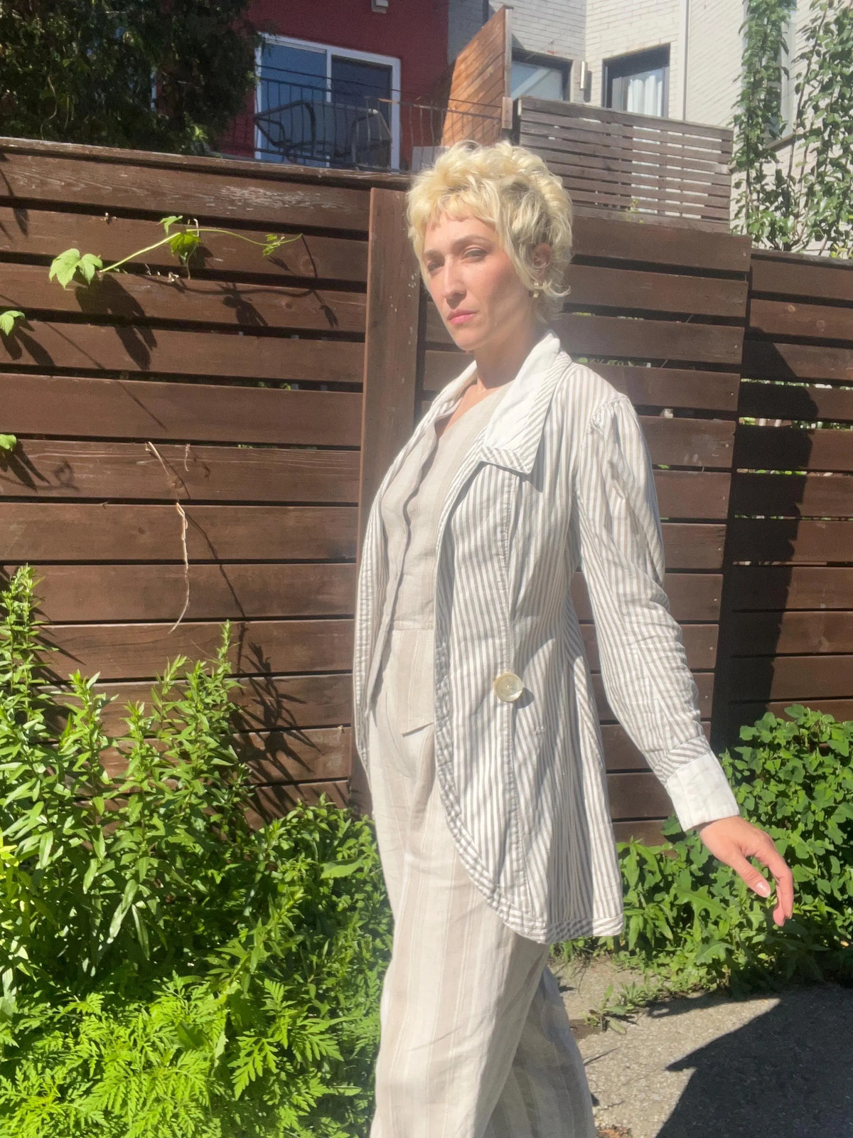 VICTORIAN PINSTRIPED LINEN Antique Walking Suit Jacket with Mutton Sleeves