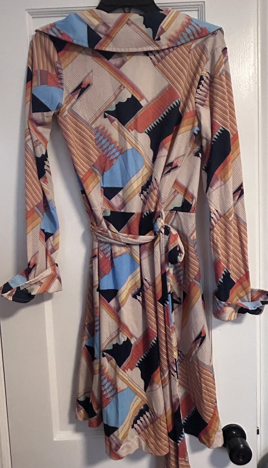 Vintage 70s Huk-A-Poo Wrap Dress Geometric Disco Print XS S Nylon Jersey Mod