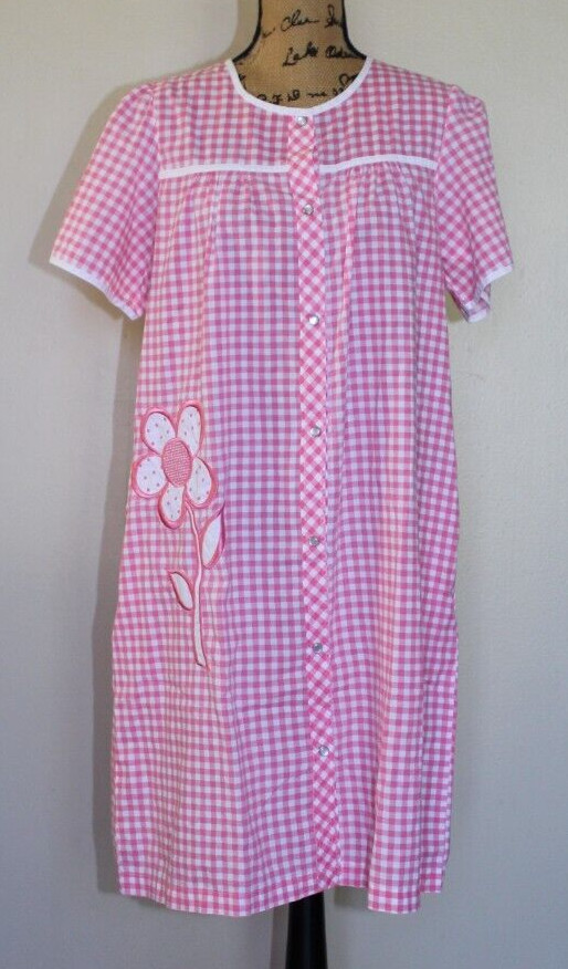 Vintage Pink/White Cotton Gingham Plaid Pearl Snap Flower House Dress Women&rsquo;s M