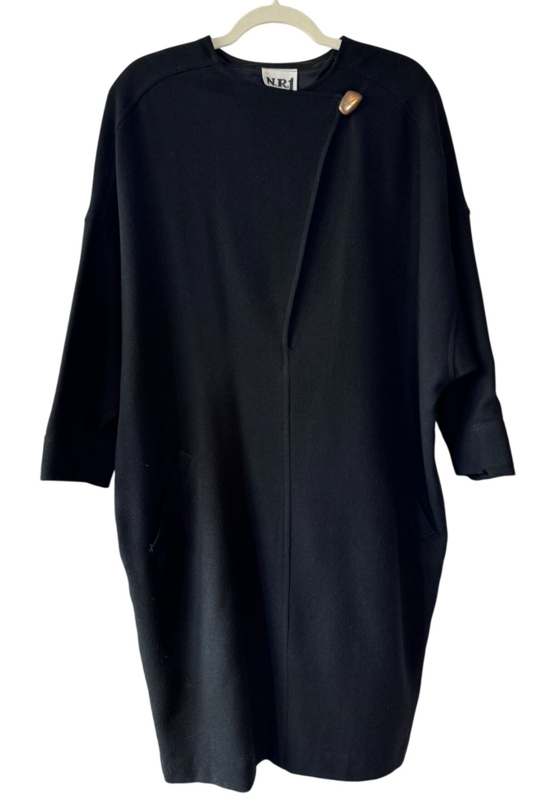 Vintage N.R.1 Made In USA Black Wool Crepe Minimalist Avant Garde Midi Dress 12