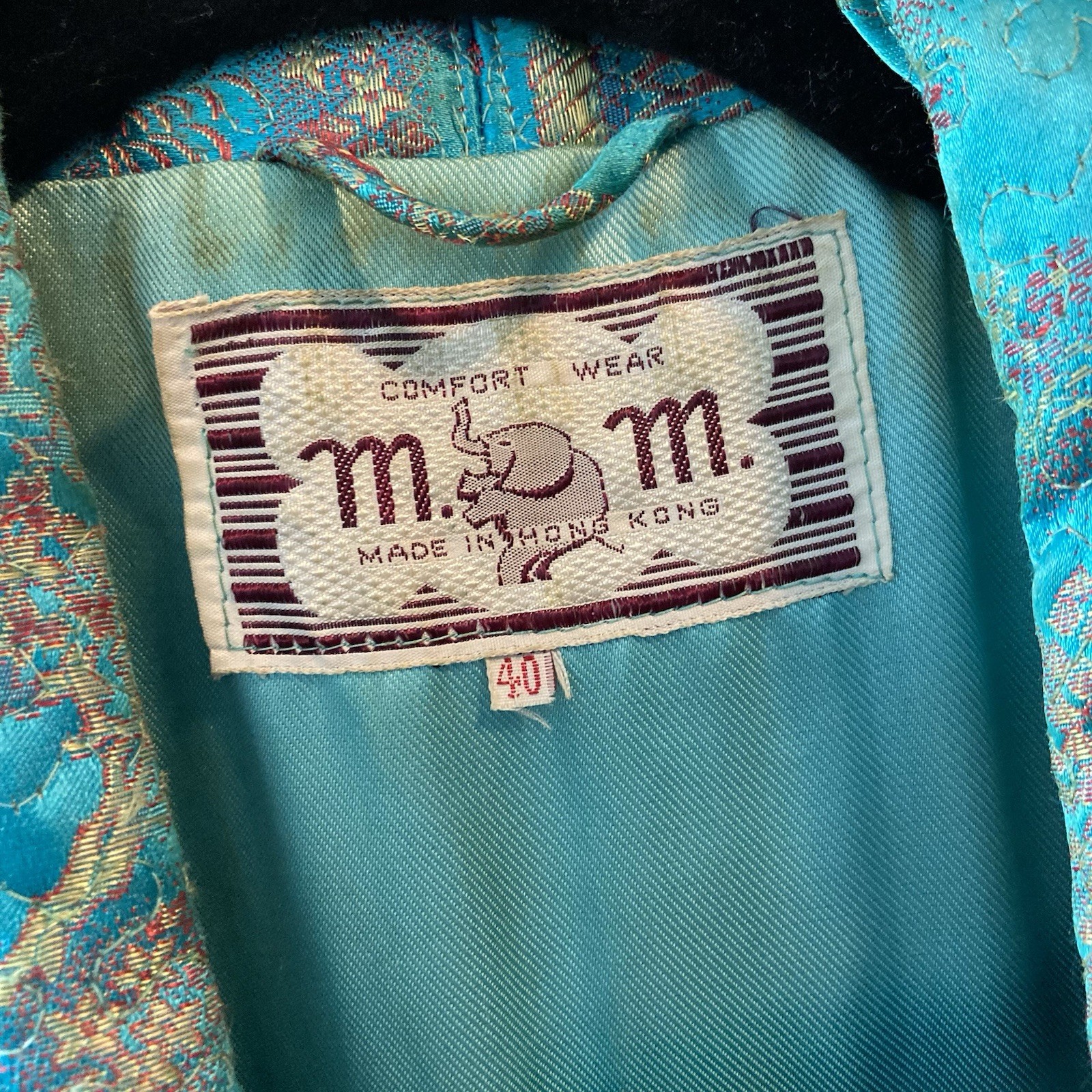 Vintage Blue Brocade Asian Robe, M. M. Comfort Wear, Made In Hong Kong