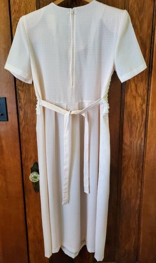 Halmode Petites Pink White Gingham Vintage Dress Crocheted Pearl Vest Overlay 6P