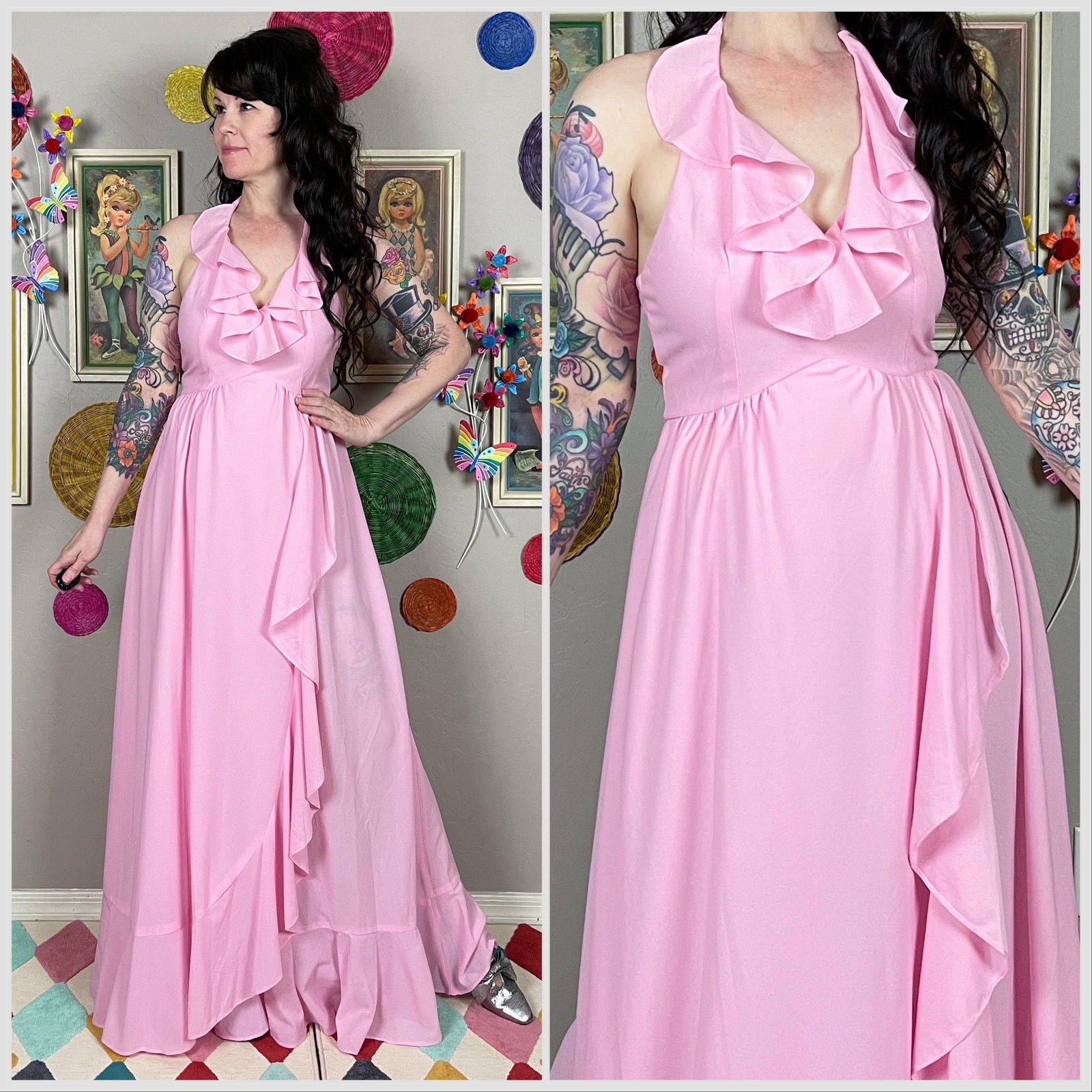 Vintage 1970s Bubblegum Pink Ruffled Halter Maxi Dress | XS/S – 26&Prime;-28&Prime; Waist