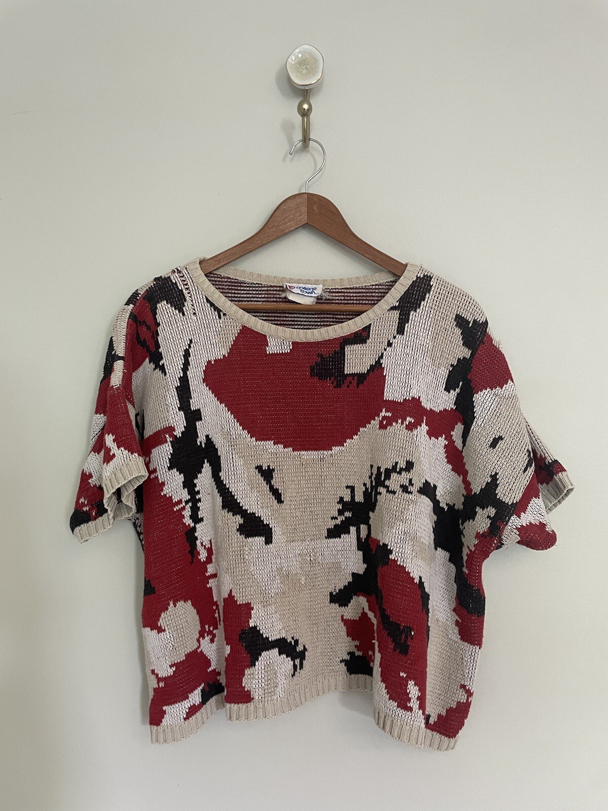 VTG College Town Crop Knit Short Sleeve Sweater. S/M. Cotton. Art To Wear.