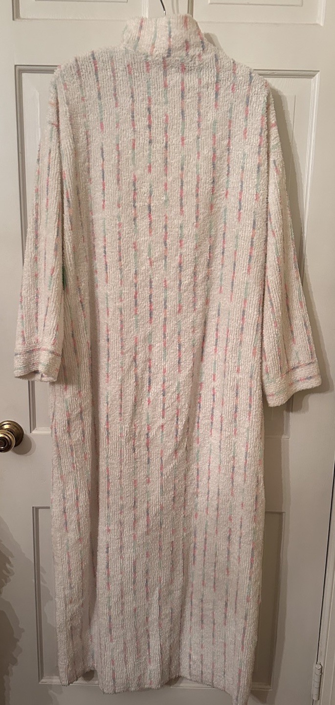 Vtg Stan Herman Chenille Zip Robe White Multicolor Striped Housecoat Pockets M L