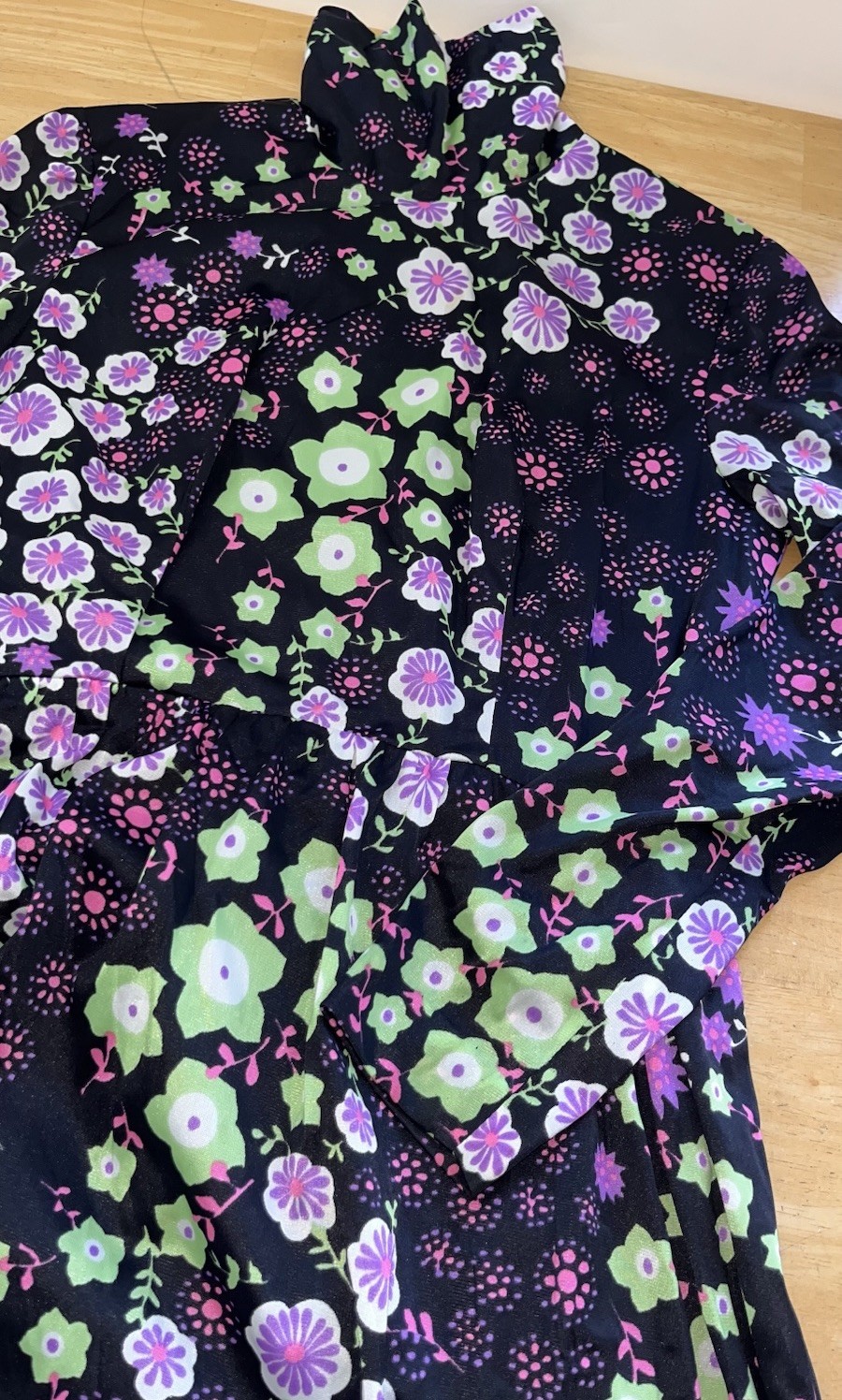 Vintage 1970s ILGWU Union Psychedelic Floral Prairie Maxi Mock Neck Dress 9/10