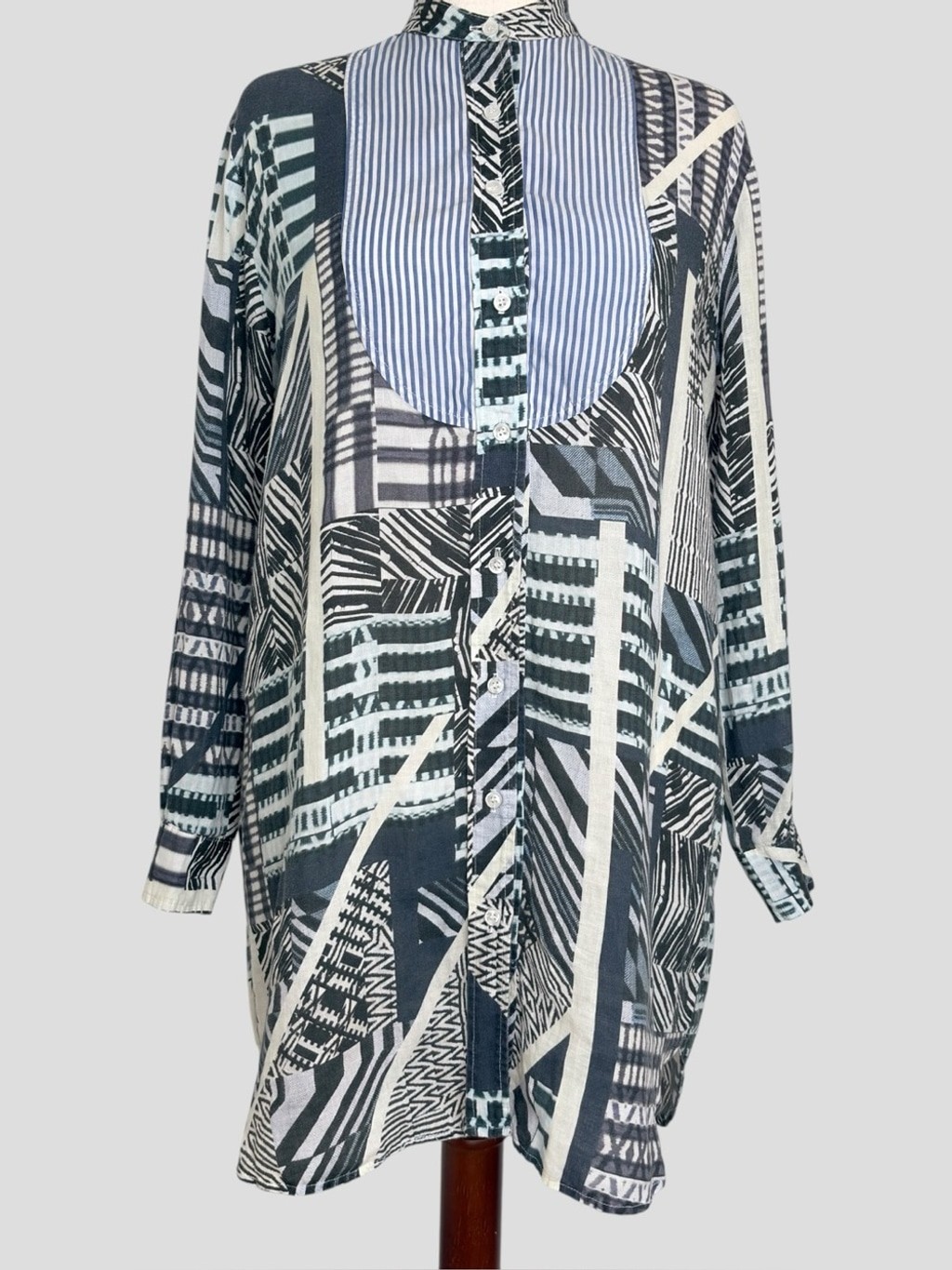 90s KOCH Shirt Dress Patchwork Bib Mixed Print Cotton M Art to Wear Boho Chick