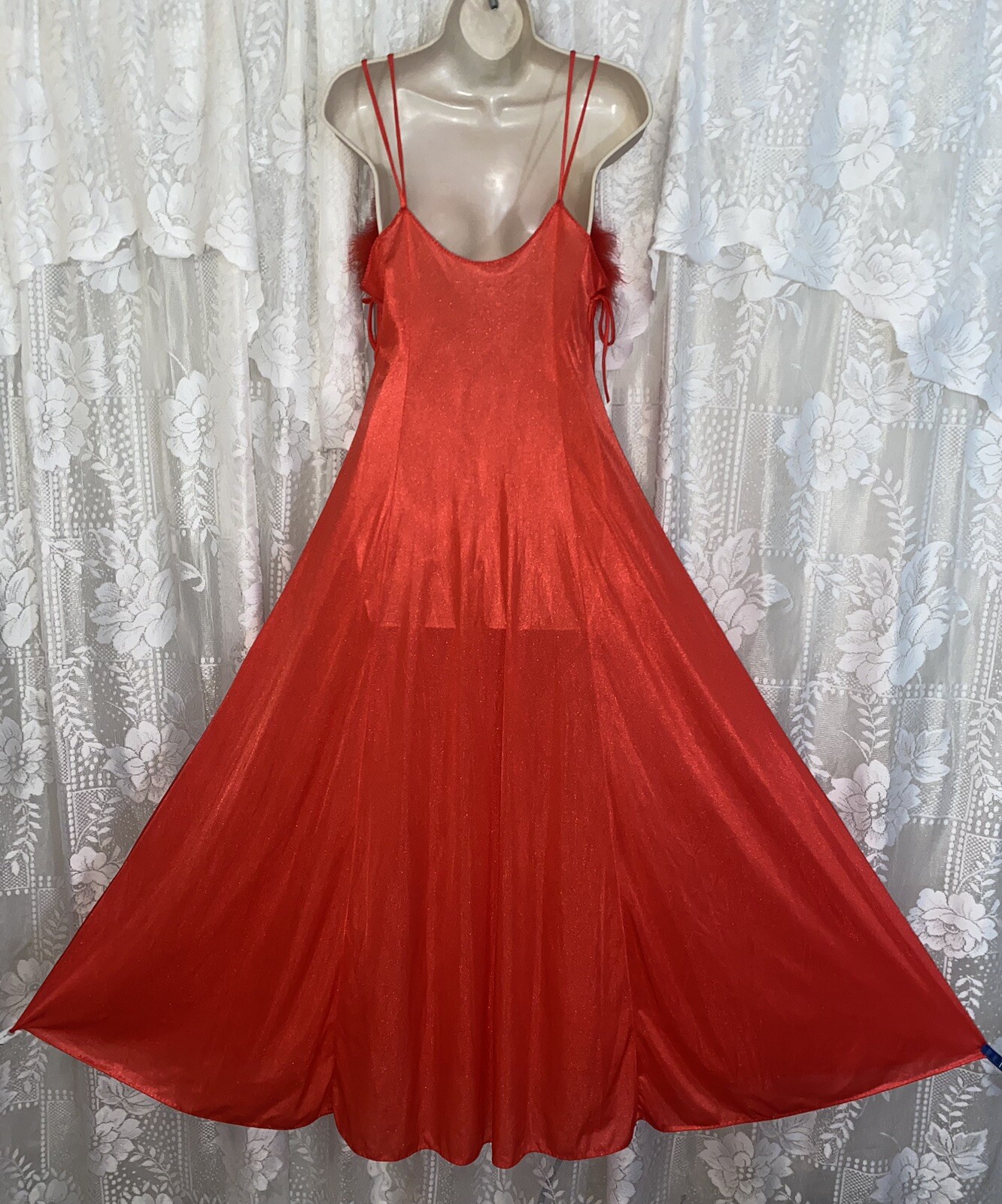 VTG M TRUE RED Nylon Full Sweep Glamour Nightgown Negligee w Real Marabou Trim