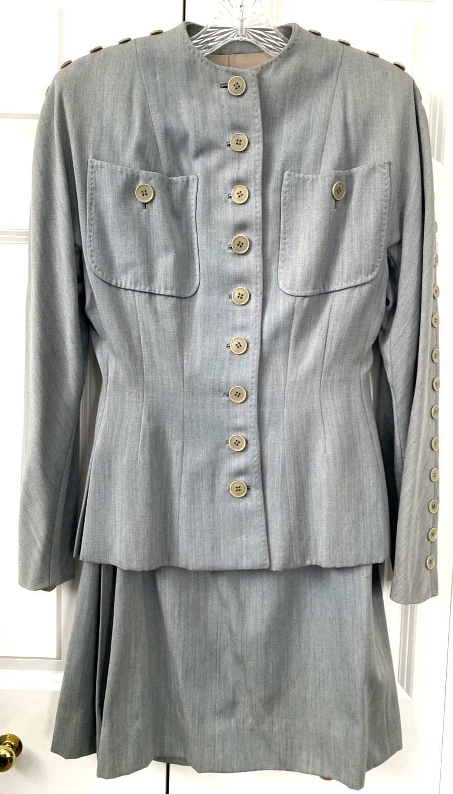 1940s Vtg Swansdown Gray Wool 2 Pc Suit Button Jacket & Skirt Nipped Waist OOAK