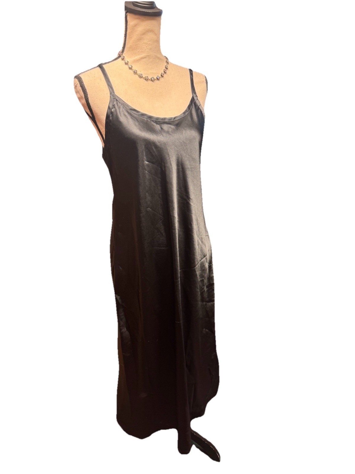 Y2K Vintage Gilligan & O&rsquo;Malley Maxi Slip Dress Large Black Satin Lace Chemise