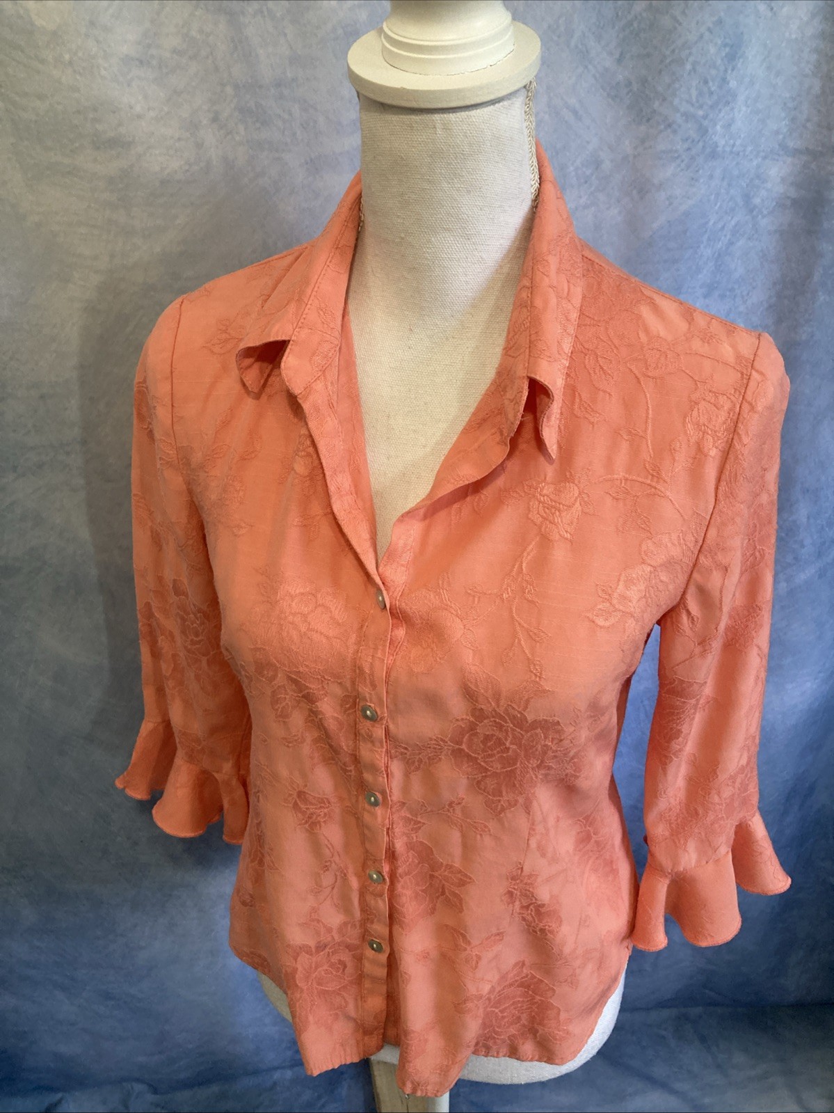 Vtg 90s Y2K Dressbarn Coral Jacquard Blouse S Ruffle 3/4 Sleeve Floral Button Up
