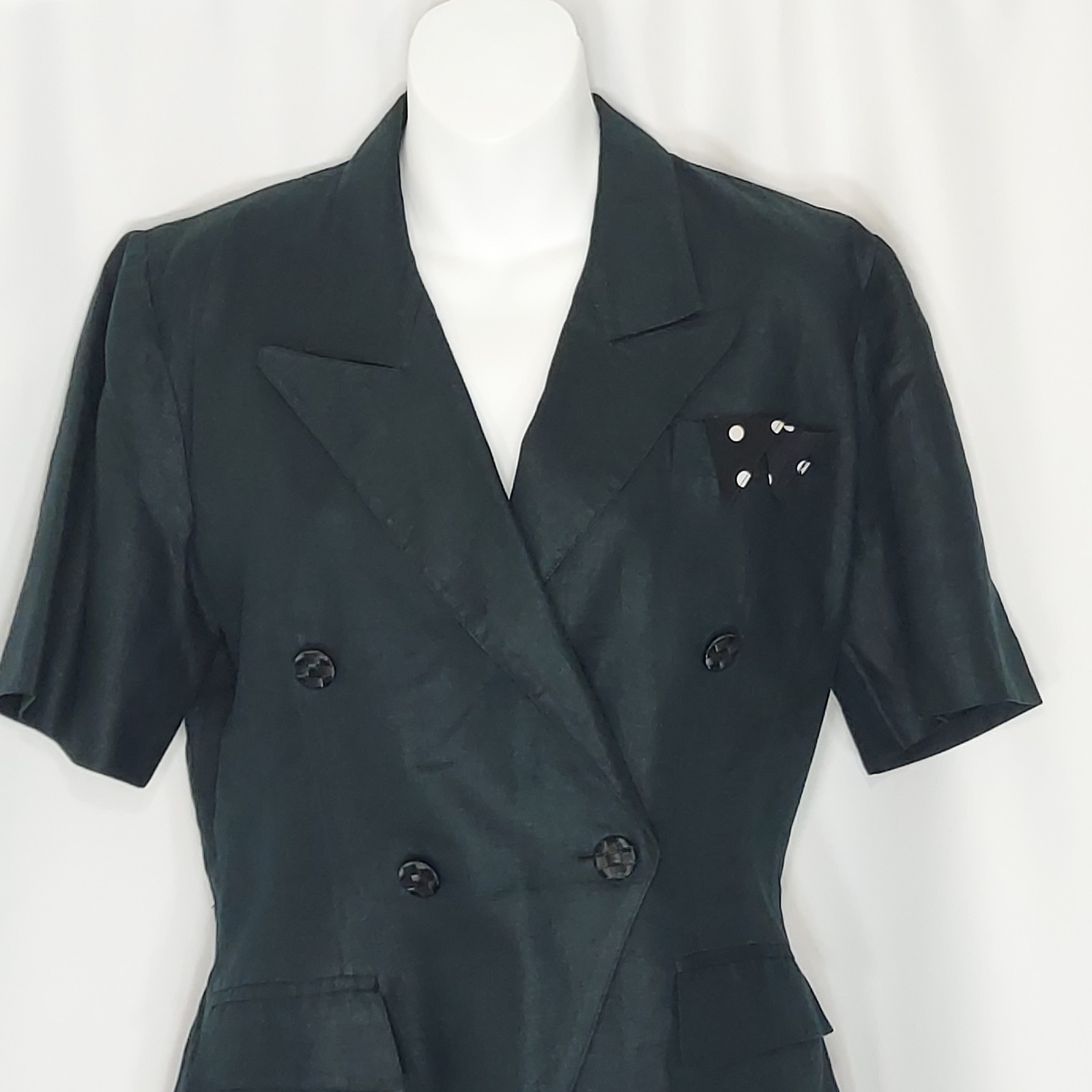 Linen Suit Double Breasted Jacket Blazer Pencil Skirt Off Black Green Vintage
