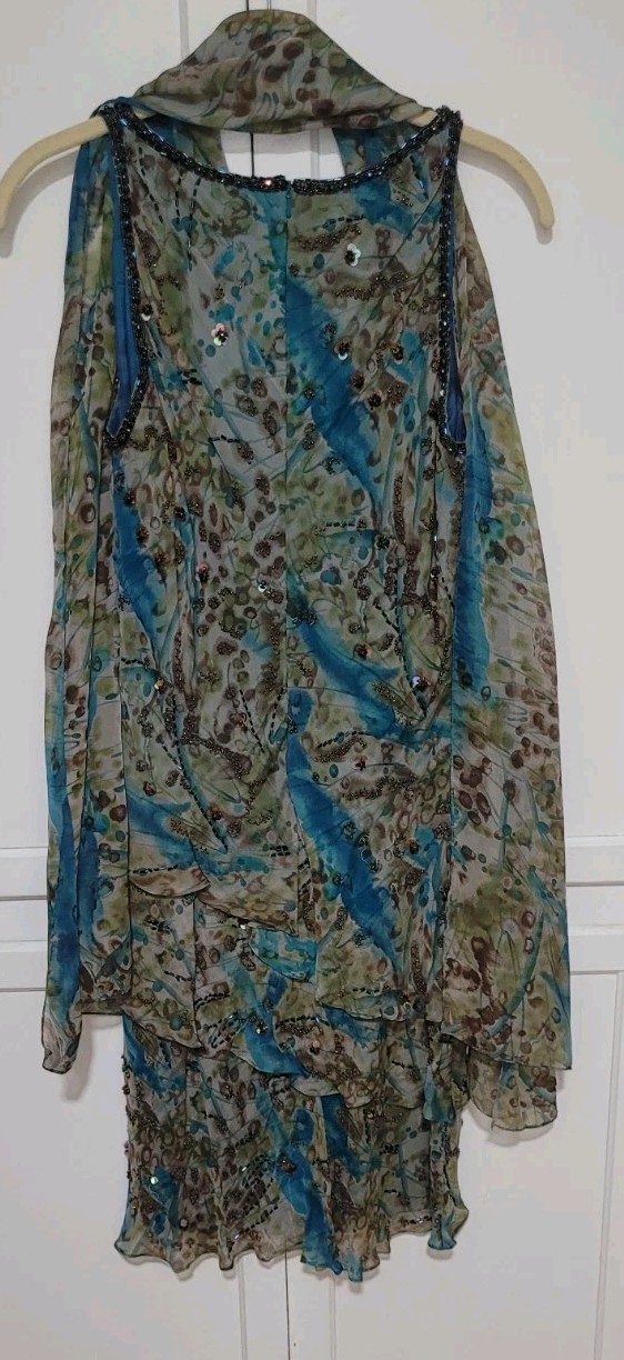 Victoria Royal 100% Silk Sequin Rhinestone Flutter Dress, Sz 6, W/Matching Wrap