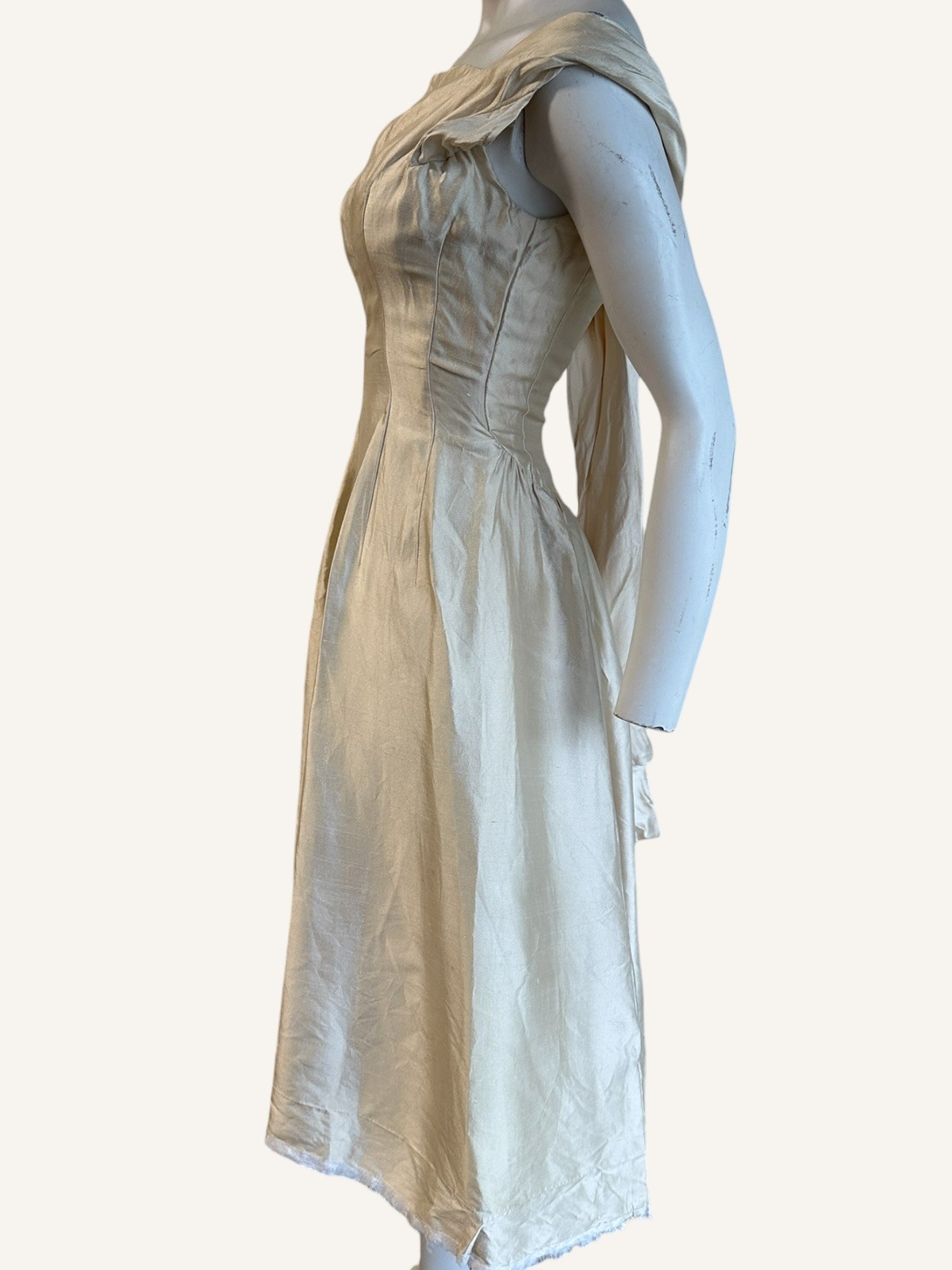 1950s Raw Silk Cream A line Evening Dress As Is Bateau Neckline Drop Waist
