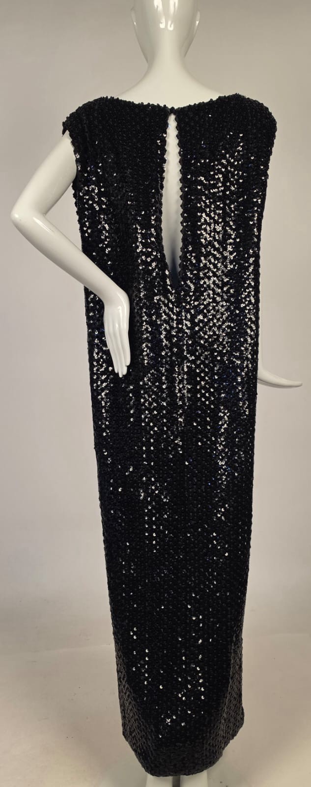 VINTAGE 1970’S LIQUID BLACK SEQUIN COLUMN GOWN DRESS W SAKS FIFTH AVE LABEL